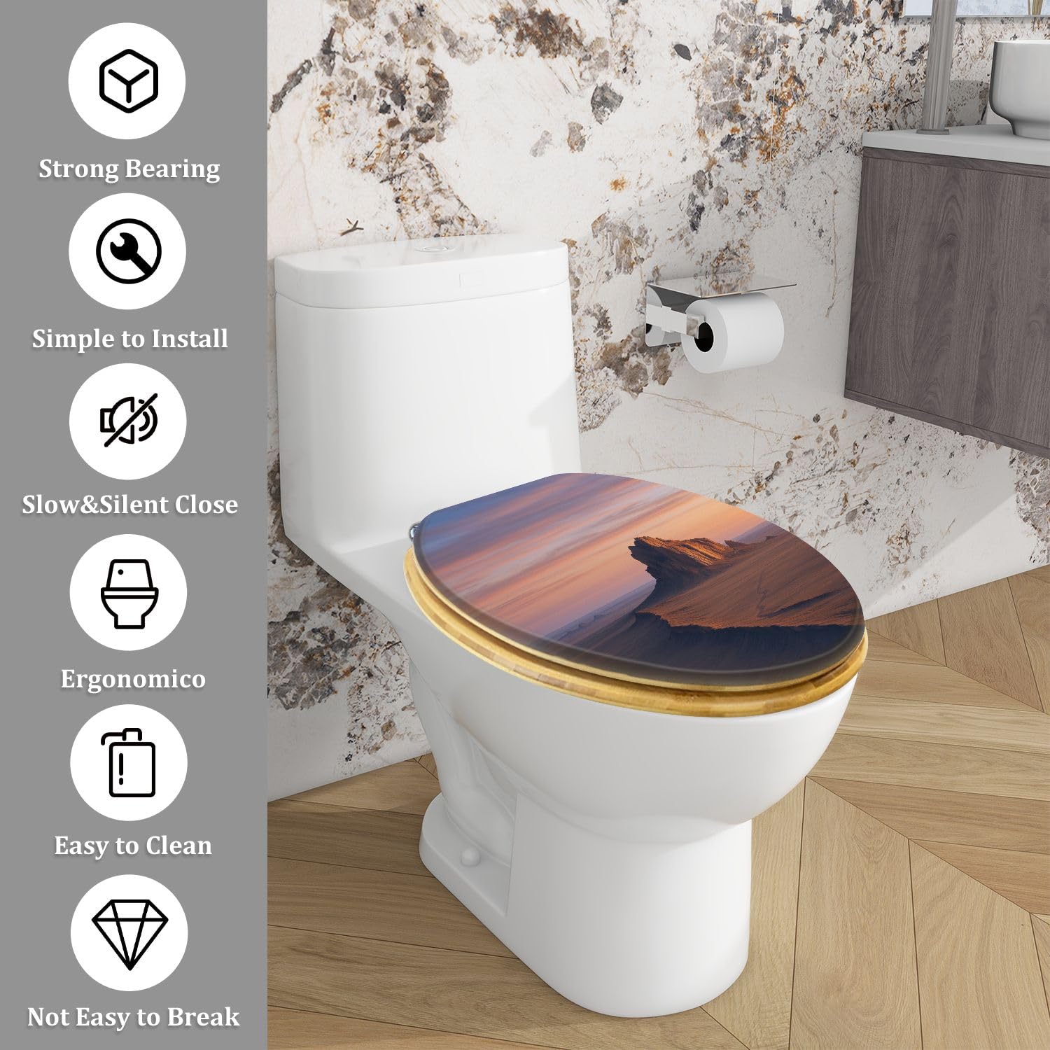 Sedile WC Allungato Decorativo In Legno con Copriwater, Cerniere A Sgancio Rapido con Chiusura Silenziosa, Facile Installazione, Stampa Aerea Della Riserva Indiana Navajo Di New Mexico Ship