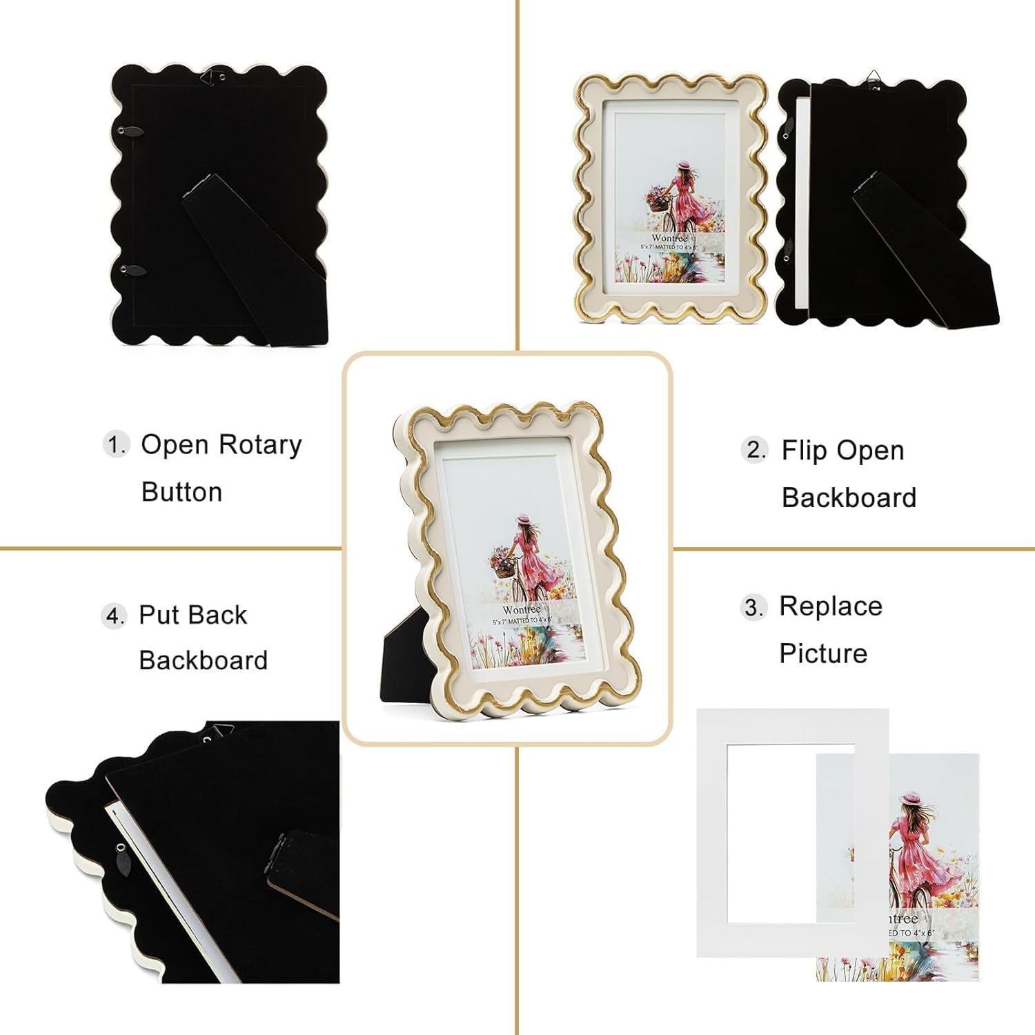 5x7 Picture Frame in Beige with Shinning Gold Wavy Edge, Resin Frame with Real Glass, Display 5x7 Photos Matted to 4x6, Vertical and Horizontal Desk Tabletop or Wall Hanging
