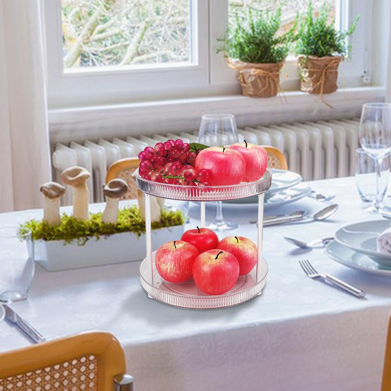 Rack di stoccaggio rotante – Organizzatore trasparente rotante a 360 gradi | Rastrelliera per condimenti a 2 livelli per cucina, bagno, ripiani da toeletta, spezie, condimenti e organizer per trucchi