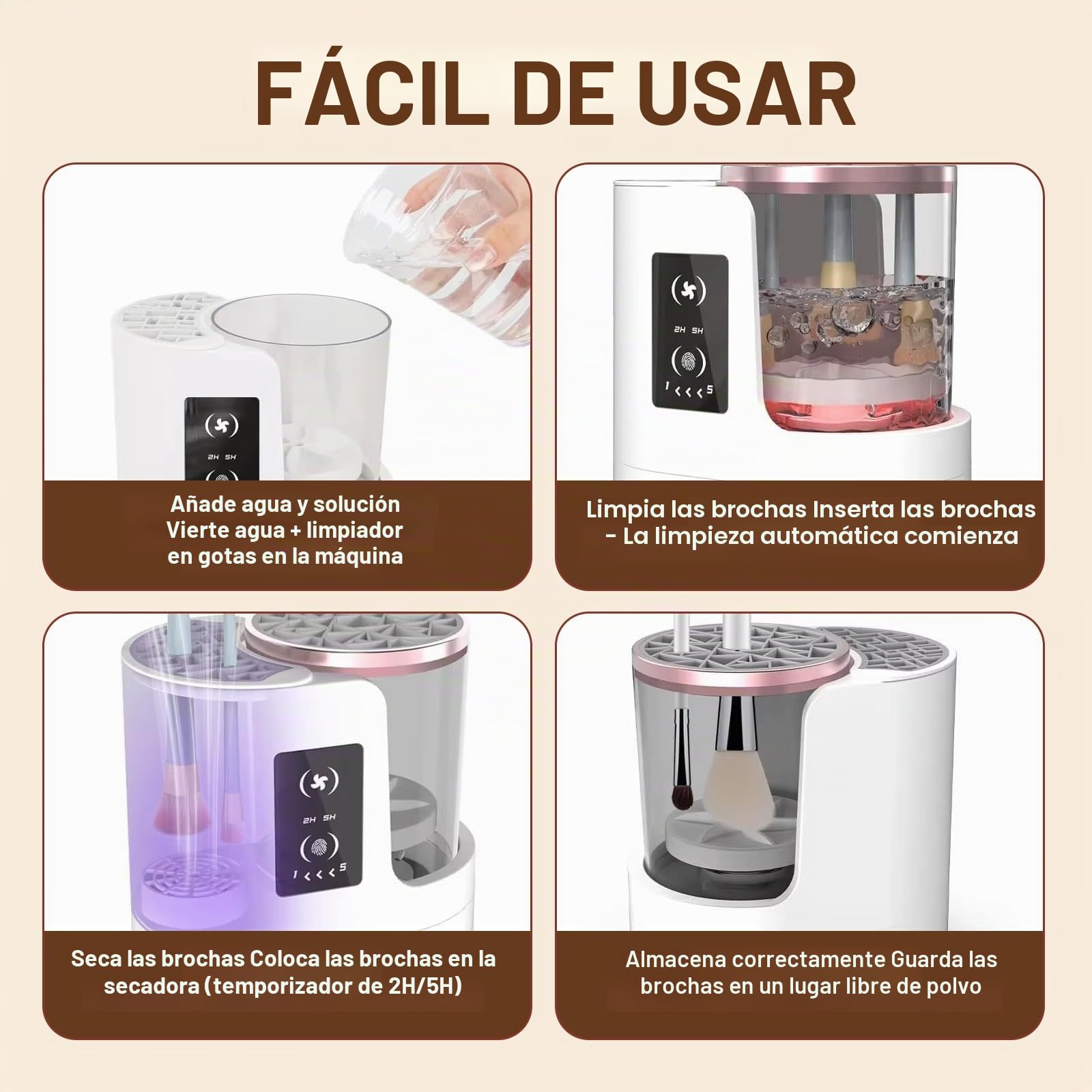 Limpiador 3 en1 Brochas Maquillaje，Máquina Limpieza Eléctrica con Secador & Soporte - Lavador Brochas Automático USB para Todas Tamaños Brochas Cosméticas & Beauty Blender, Parada Auto 5 Min