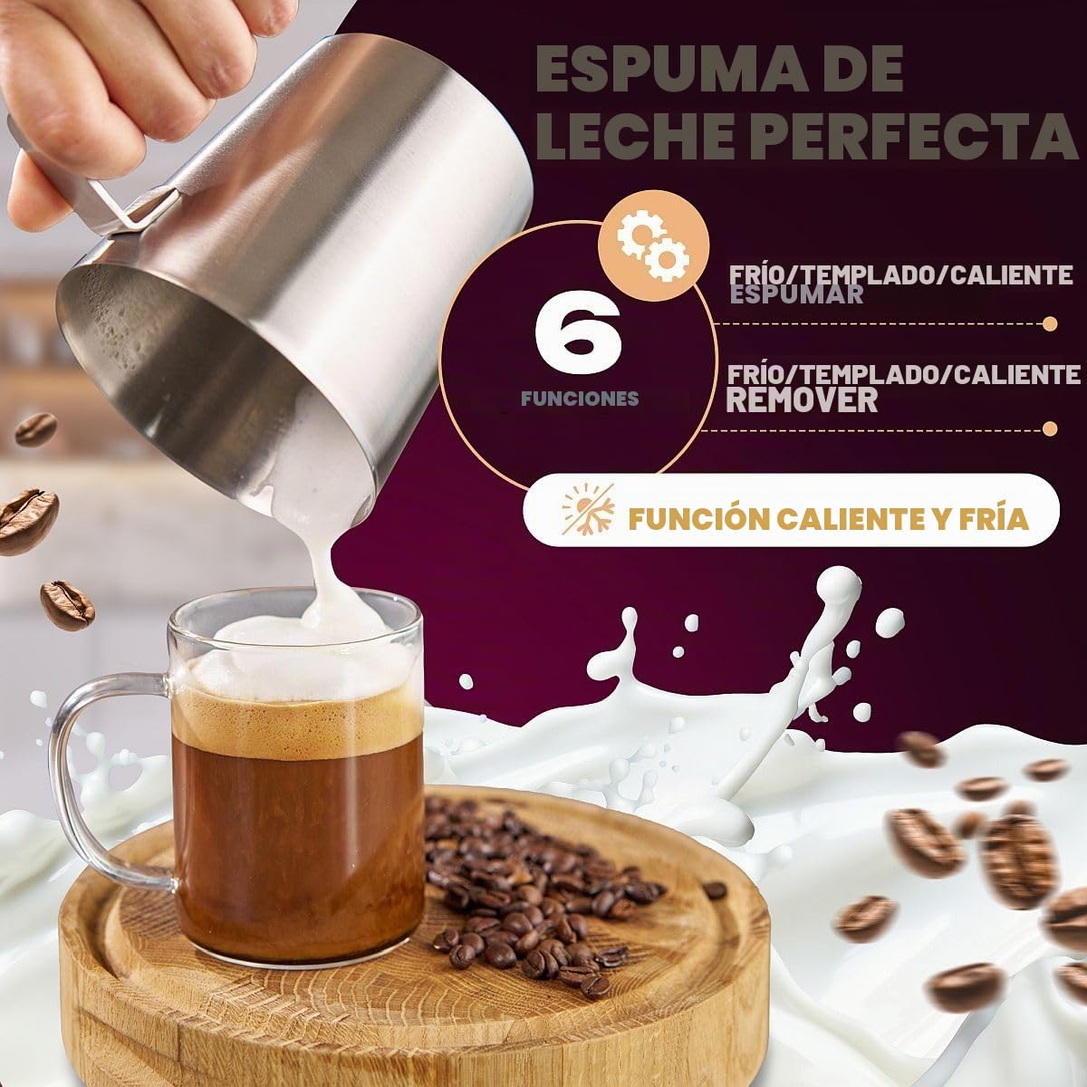 ProfiCook® Espumador de leche con función frío y calor | Espumador de leche eléctrico con 6 funciones | aprox. 500 ml de espuma | carcasa de acero inoxidable | PC-MS 1032