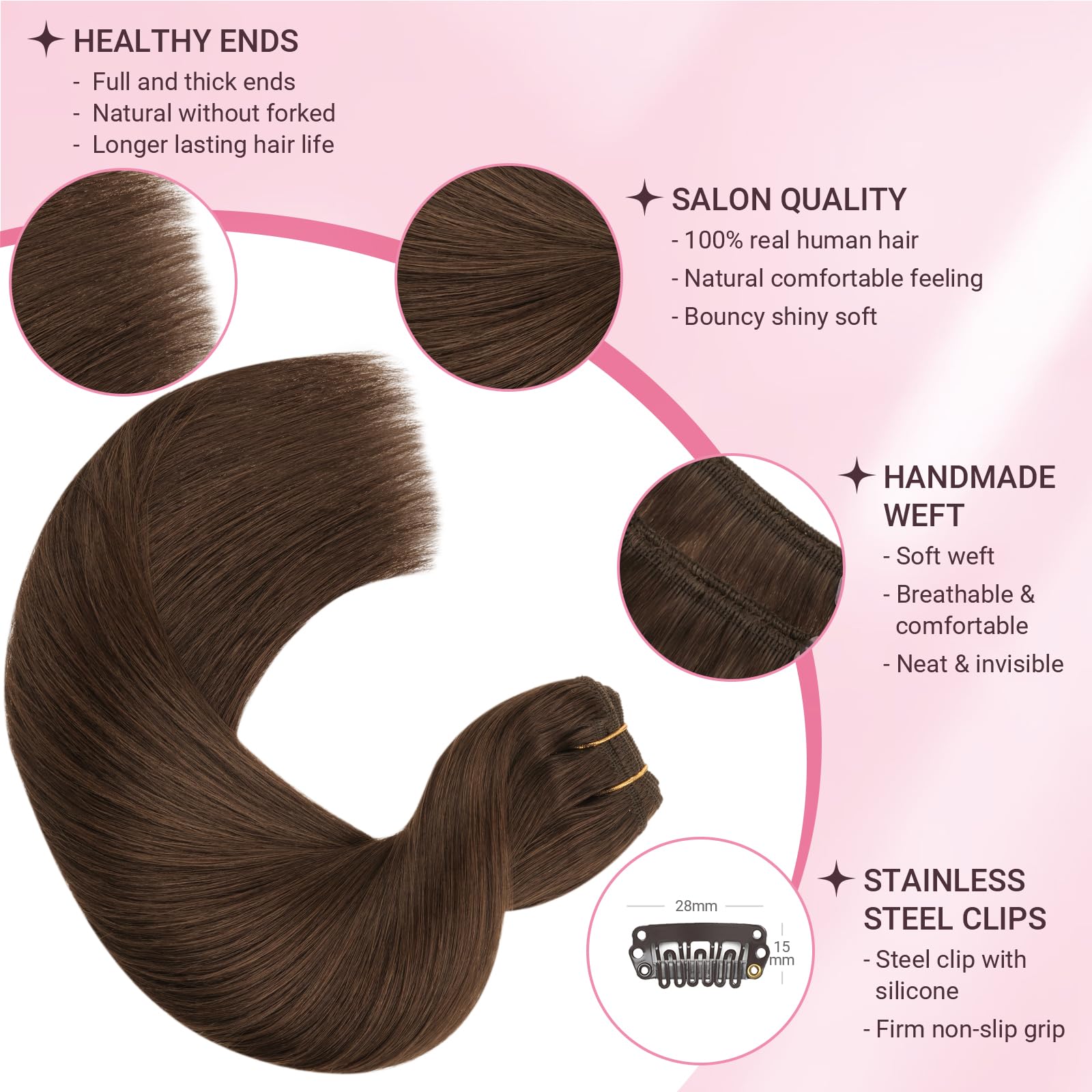 MAXITA Clip in Hair Extensions Real Human Hair 100% Remy Hair Extensions Clip ins Double Weft for Women,Natural Human Hair,16inch 120g 7Pcs,Chocolate Brown — view 4