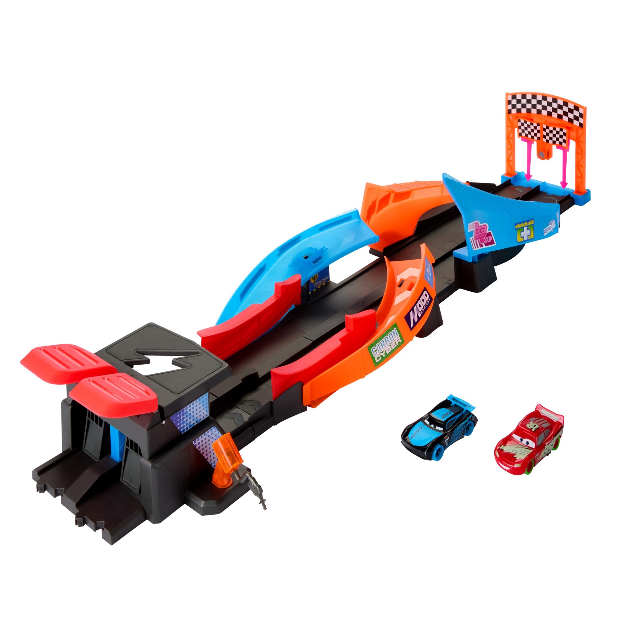 Mattel Disney Pixar Cars Night Racing Pista para coches de juguete que brilla en la oscuridad, incluye 2 vehículos, +3 años (HPD80)