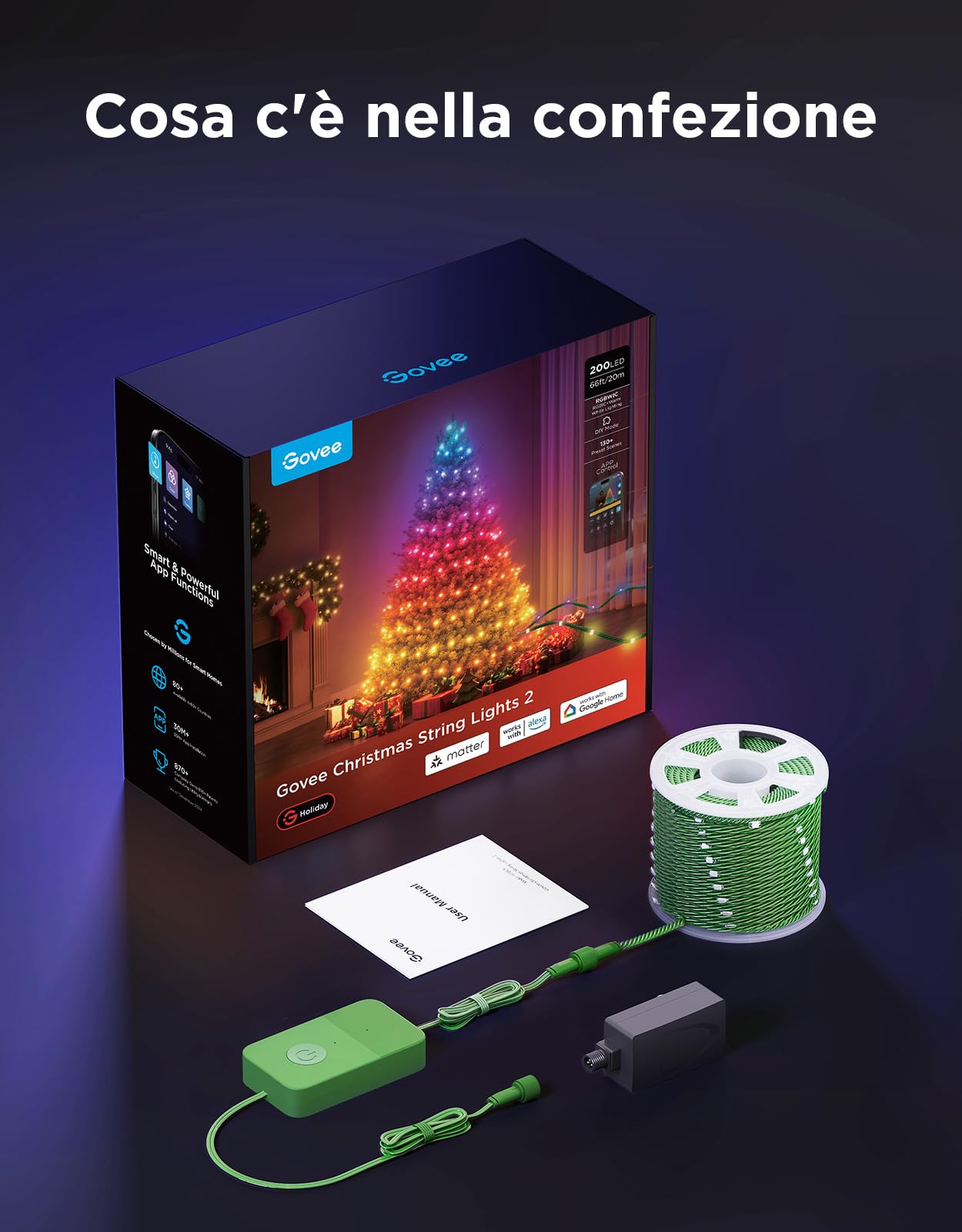 Govee Luci Albero di Natale 20M, Compatibili con Alexa, Cavi Verdi | 200 LEDs，Decorazioni di Halloween e Natale per Esterni e Interni, 130+ Modalità di Scena, IP67, Compatibili con Matter