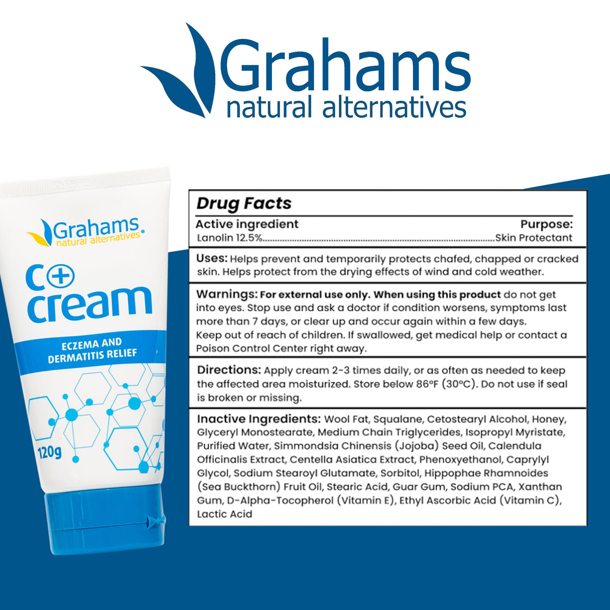 Grahams Natural C+ Eczema Relief Cream - Steroid-Free Moisturizer Soothes Dermatitis, Inflammation, Redness Treatment for Irritated, Dry Skin - All Natural Ingredients with Manuka Honey, (4.23oz)