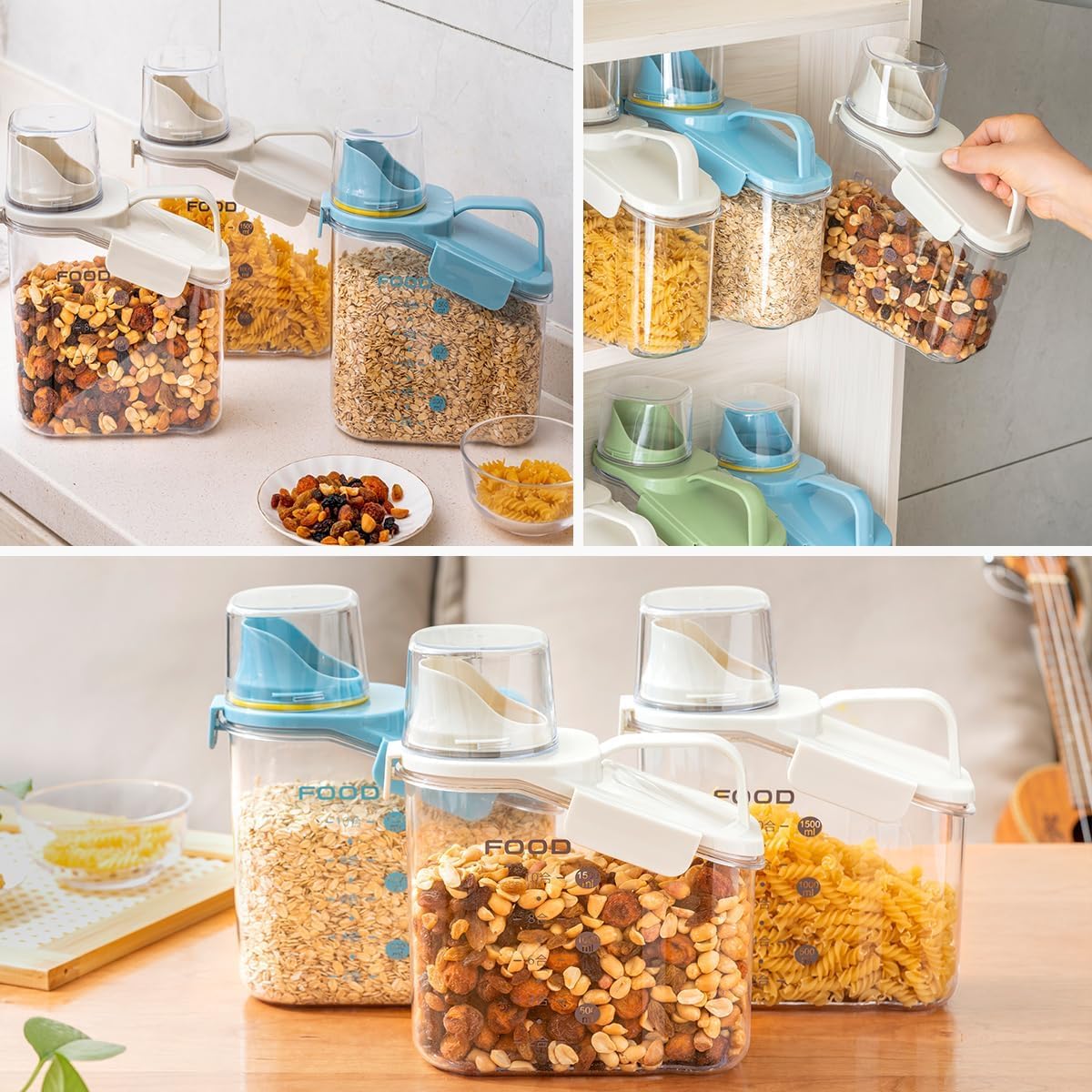 LANGMINGDE Vorratsdosen Set mit Deckel Luftdicht, Vorratsbehälter Küchen Aufbewahrung Organizer Spender für Trockenen Lebensmittel Schüttdose Müsli Getreide Mehl (3er Set x 1.5L - Weiß+Weiß+Blau)
