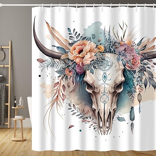 Miniatura 50 de Cortina de ducha occidental con ganchos, 72 x 72 pulgadas, cortina de baño de poliéster impermeable (botas, cactus calavera, toro) 72×72 Botas