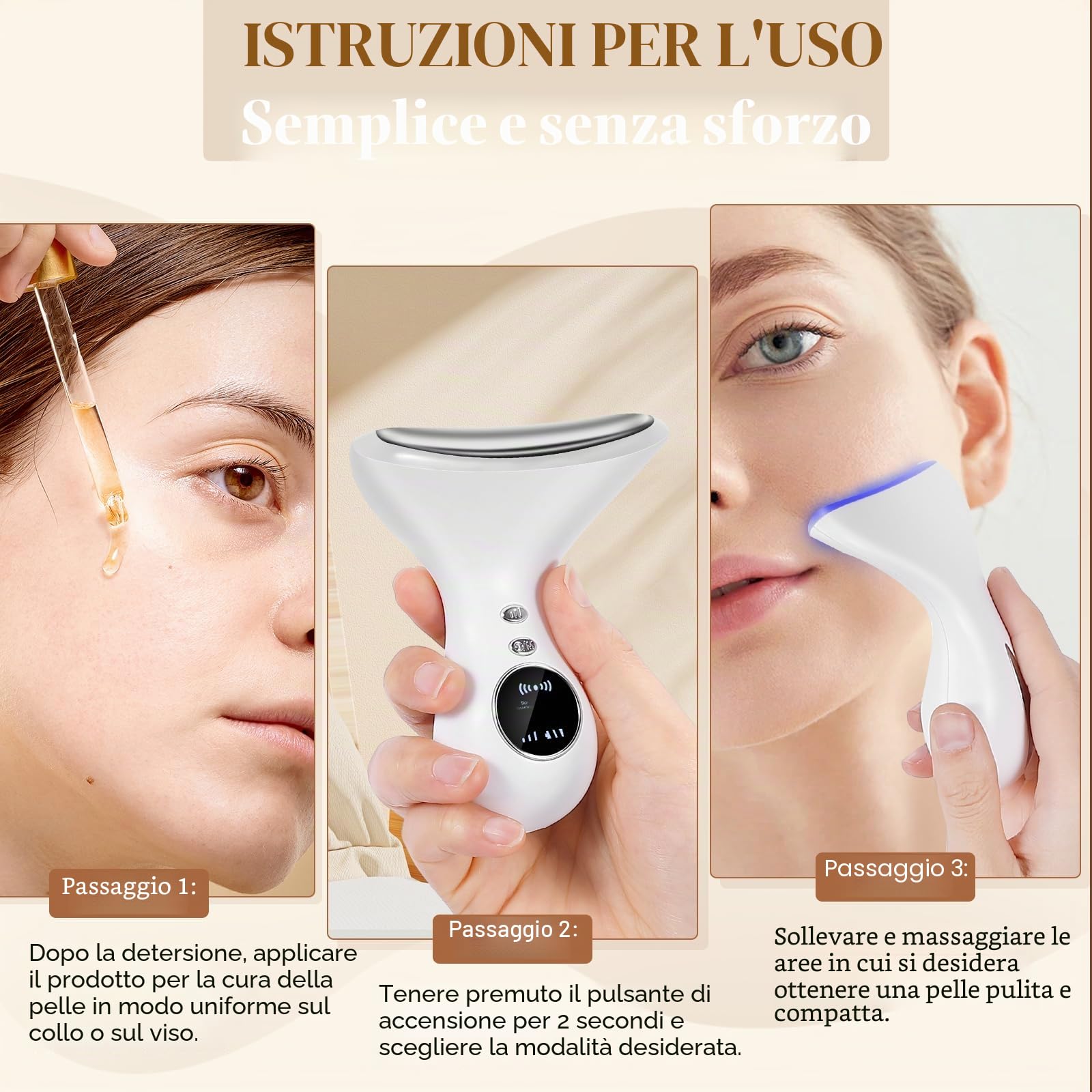 Dispositivo di Bellezza Antirughe, Lifting del Collo, Dispositivo di Massaggiatore del viso con 4 modalità, Riduce il Doppio Mento, Massaggio viso EMS per il Sollevamento e il Rassodamento Anti-Età