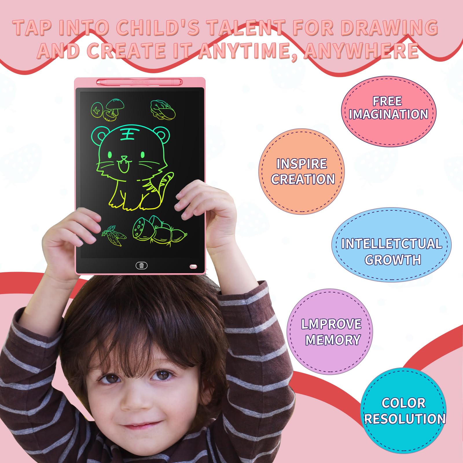 Genialba 12 Pollici Tavoletta Grafica LCD Scrittura Colorato, Lavagna da Disegno Cancellabile Portatile, Regalo Bambini, Tavoletta Grafica per Giochi Bambini 2 3 4 5 6 7 Anni Ragazze (Rossa)