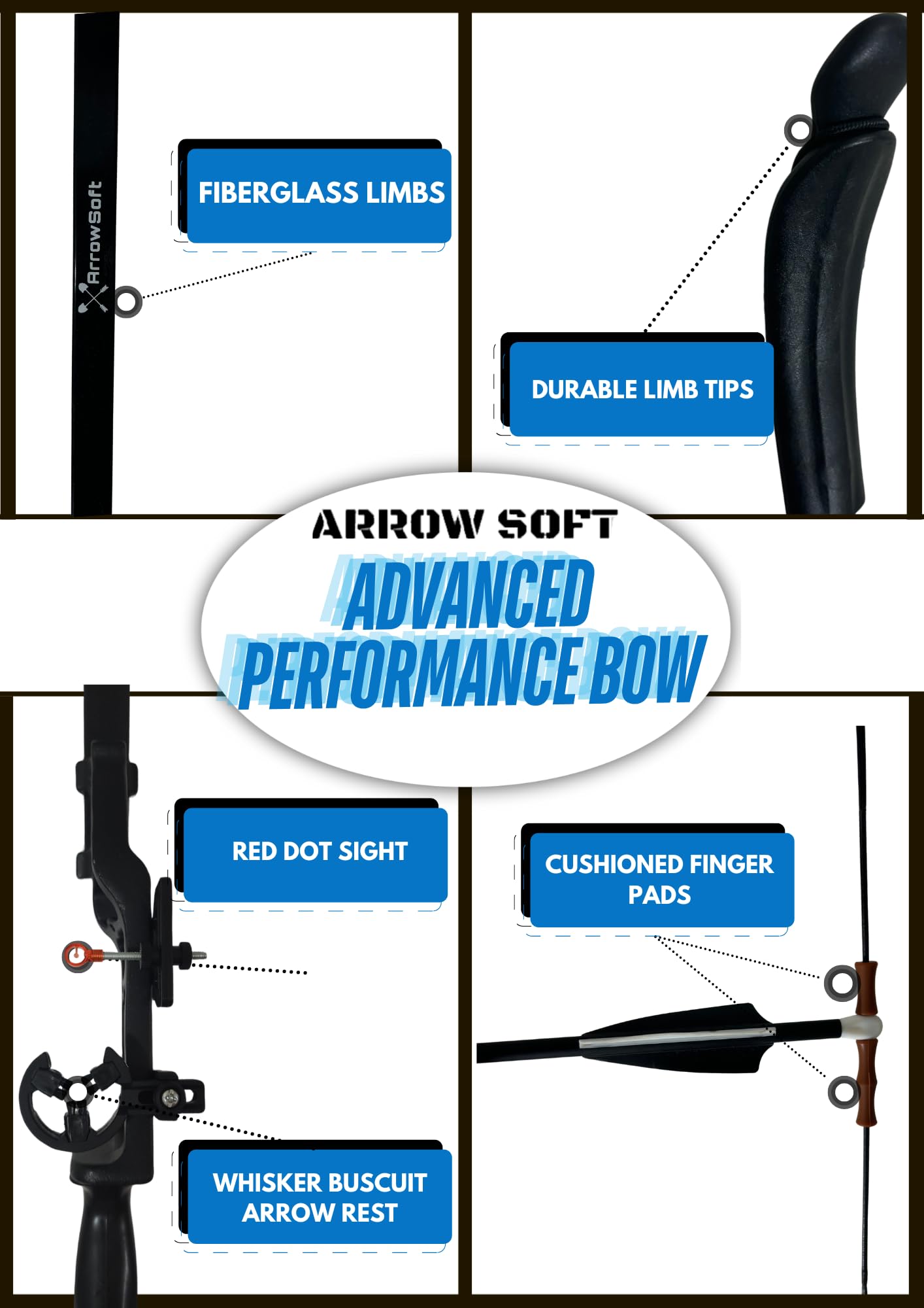 ArrowSoft Advanced Performance Recurve Bow with 6 Arrows for ArrowSoft and Combat Archery, Midland Archery Large Black Bow, Suitable for Beginner to Advanced Players