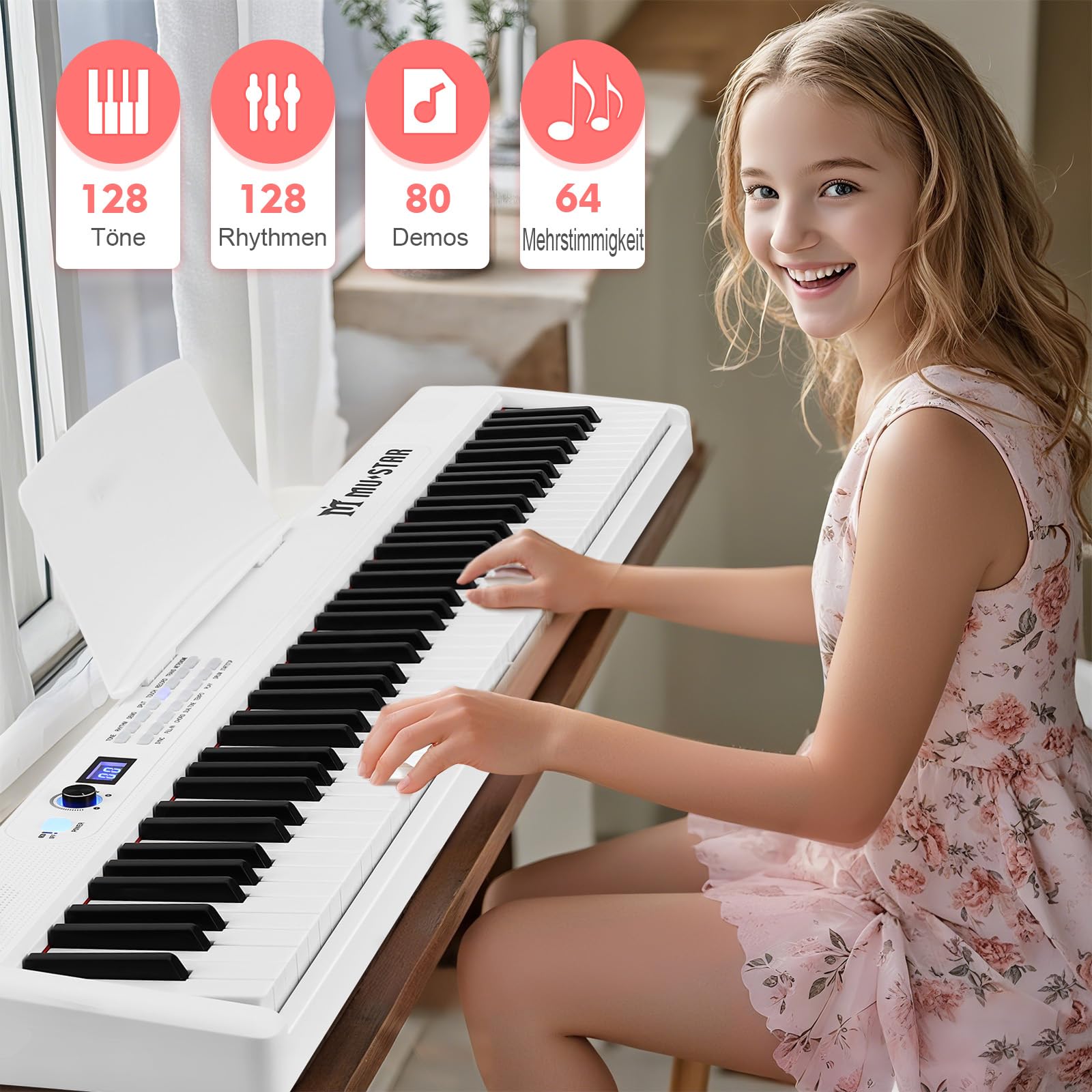 MUSTAR 88 Tasten Faltbares Klavier mit Beleuchteter Tasten, Halbgewichtige Digital Piano, Tragbares E-piano mit Bluetooth, MIDI, Sustain Pedal, Kopfhörer für Anfänger, Weiß