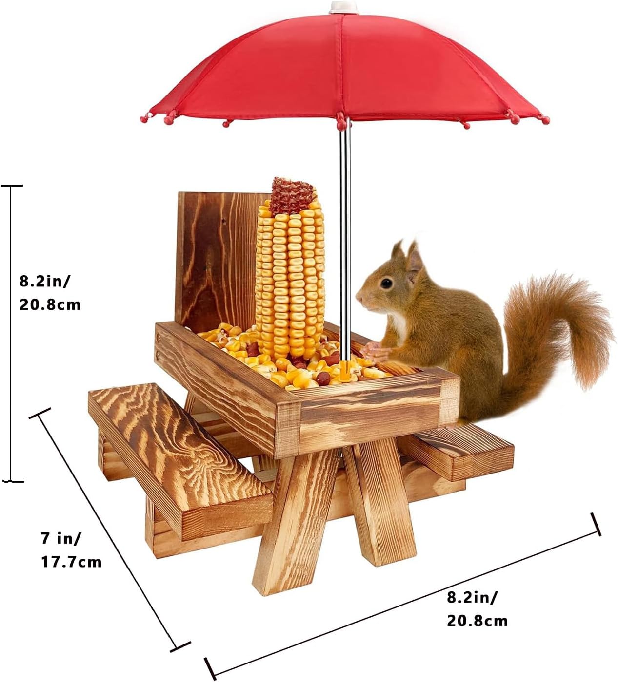 Squirrel Picnic Table Feeder with Umbrella & Corn Cob Holder, Wooden Outdoor Squirrel feeders for Outside, Durable Weather-Resistant Funny Animal Decor for Squirrels, Gift for Garden Yard Patio