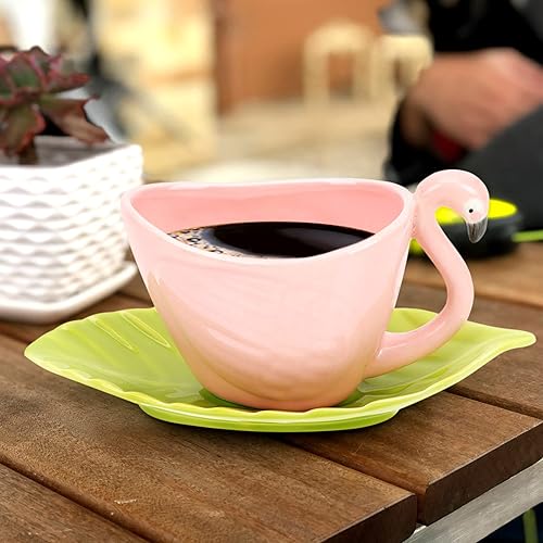 Miniatura 7 de Juego de platillos de taza de té de cerámica: Taza de café en forma de flamenco con platillo en forma de hoja Nórdico de té de la tarde Latte