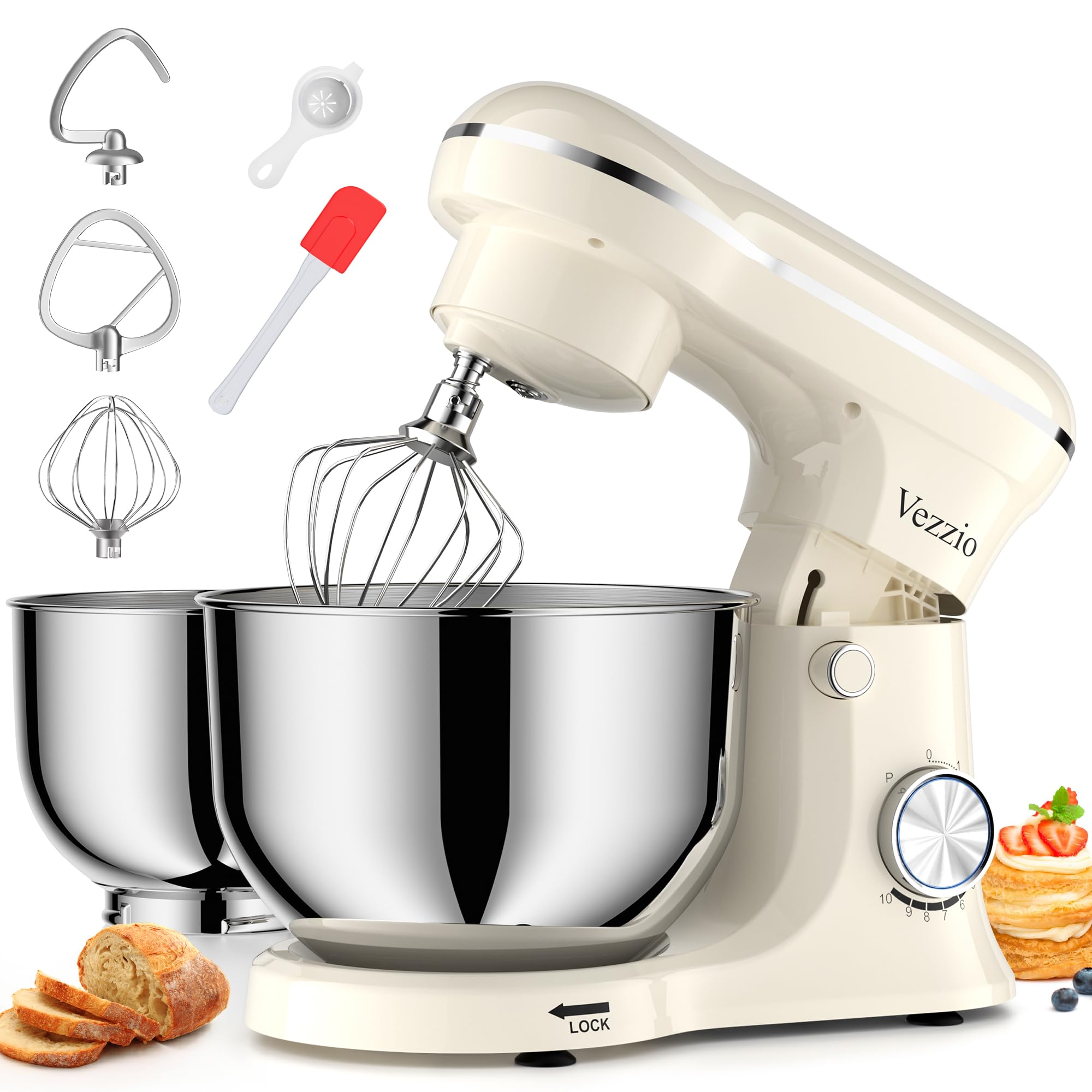 Vezzio Robot Pâtissier 1500W, Robot Cuisine avec Double Bol Acier Inoxydable (5L + 6L), 10 Vitesses, Pétrin Électrique avec Fouet, Crochet et Batteur Plat, Pour Pâtisserie et Cuisine(Blanc)
