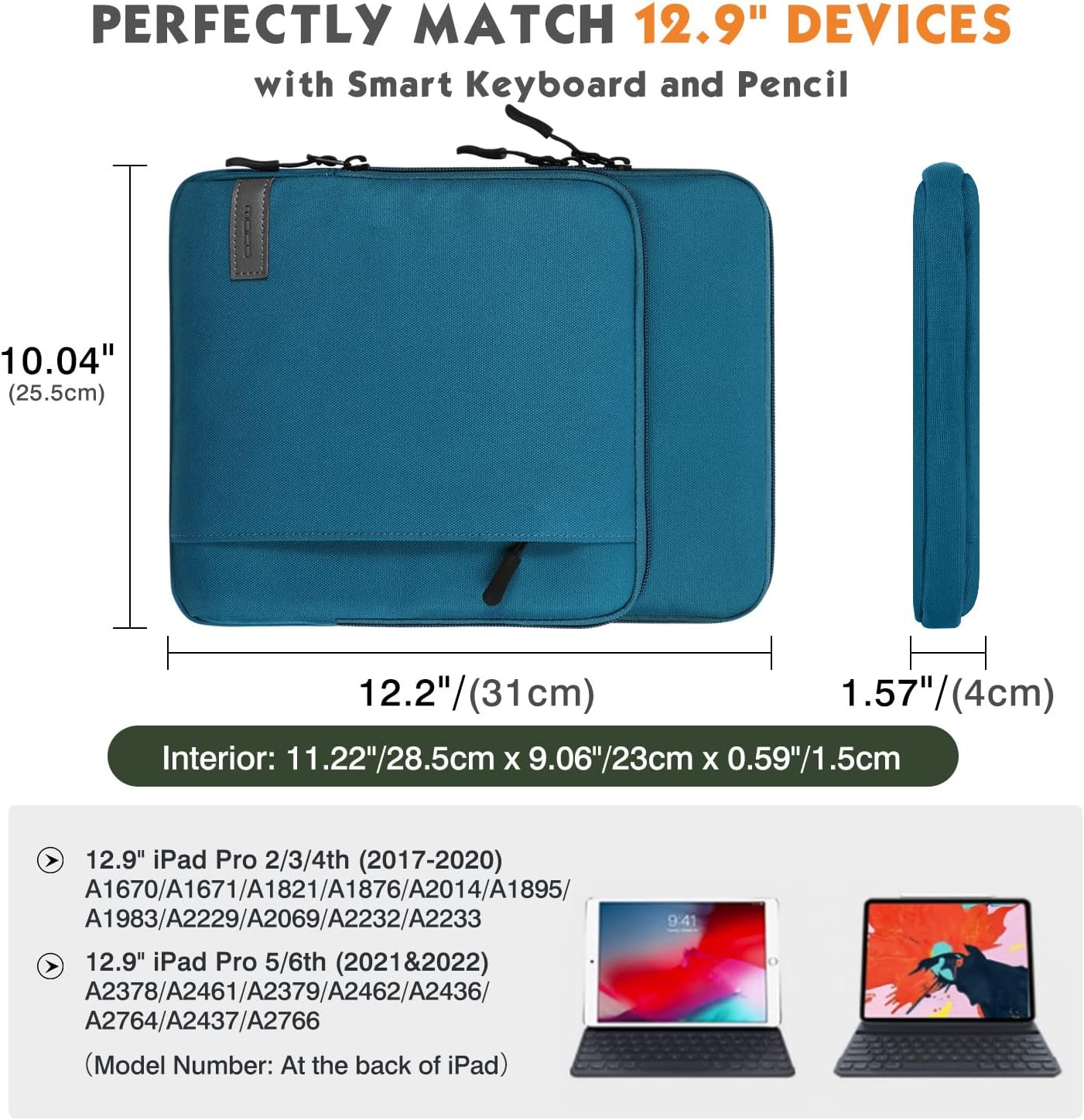 MoKo 10-13 Inch Tablet Sleeve Bag Carrying Case with Pockets Fits New 13 Inch iPad Pro M5 & Air M3, Pro 12.9/11 in,iPad 10th/Air 5/4th 10.9, i-Pad 7/8/9th 10.2, Galaxy Tab S8+/S9+ 12.4, Peacock Blue - Image 2