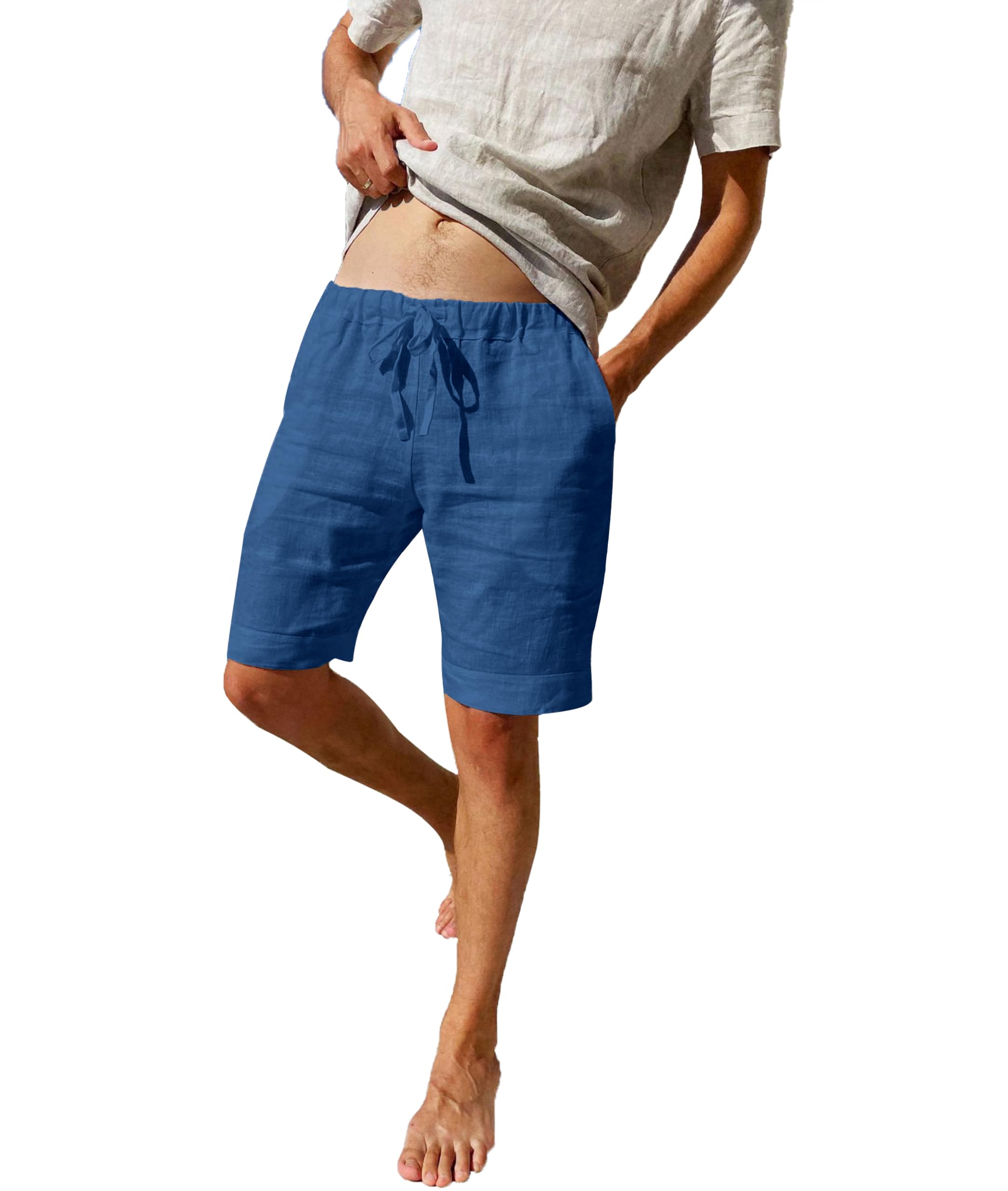 LVCBL Herren Shorts Leinen Kurze Hosen mit Gummizug Sommerhose Baumwolle Chino Shorts mit Taschen Blau 2XL