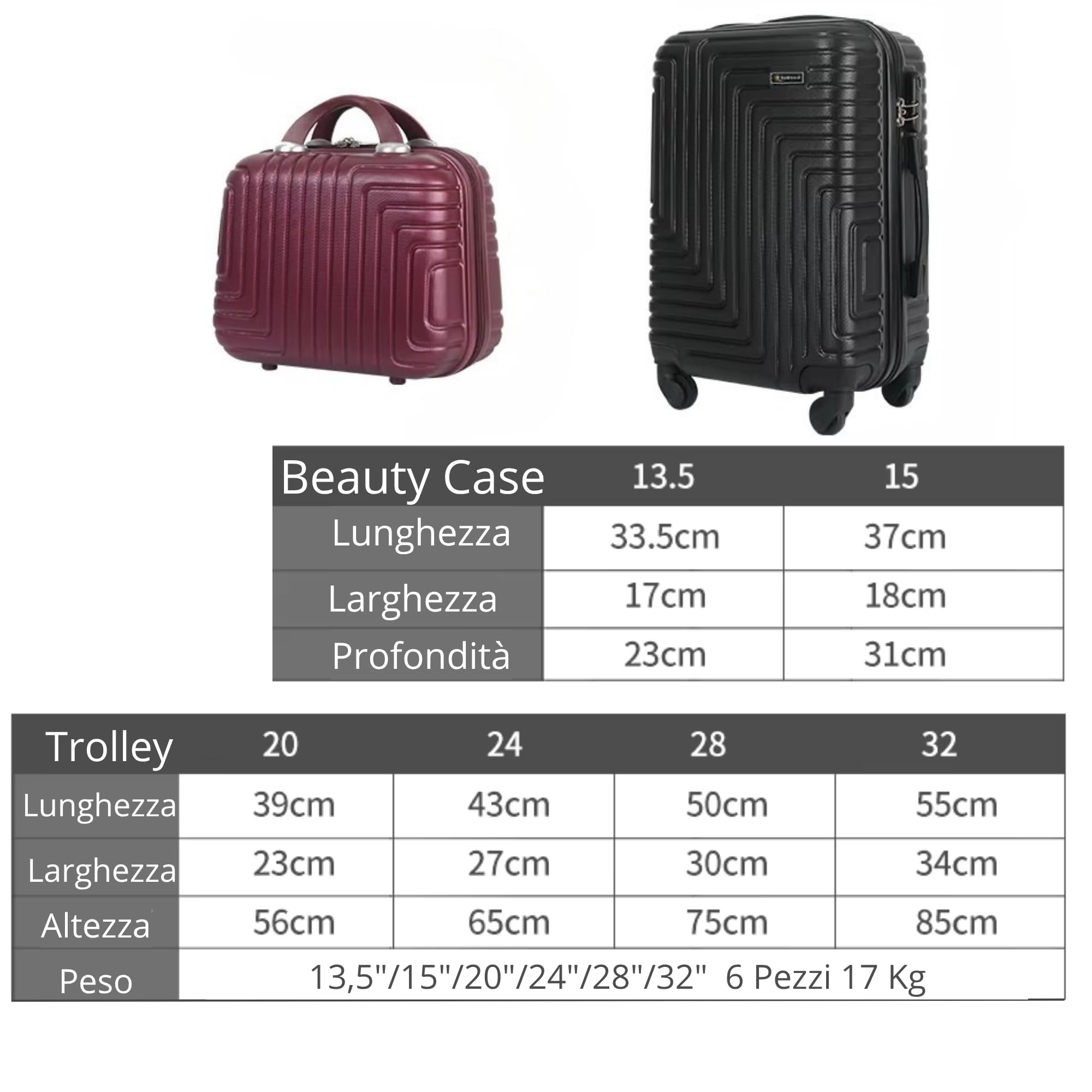 Set di 6 valigie con 4 trolley rigidi a ruote doppie + 2 beauty case, antigraffio antiurto lacci interni tasche con zip valigie da viaggio resistenti leggere da 39 a 55 cm nere eleganti