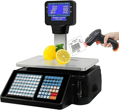 Label Printing Scales, Digital Barcode Weighing Scales with Pole Display, Electronics Barcode Scale Cash Register for Supermarket Convenience Store,Machine+Handle
