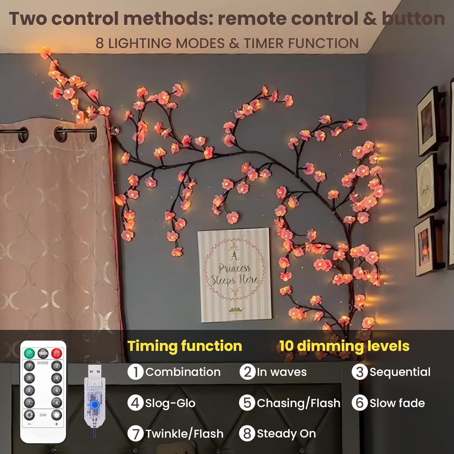 BomKra Fiori di ciliegio Willow Vine Decorazione da parete - 180 cm 96 LED Catena luminosa decorativa da parete con telecomando, 8 modalità, timer alimentato USB, luci dell'albero di salice per