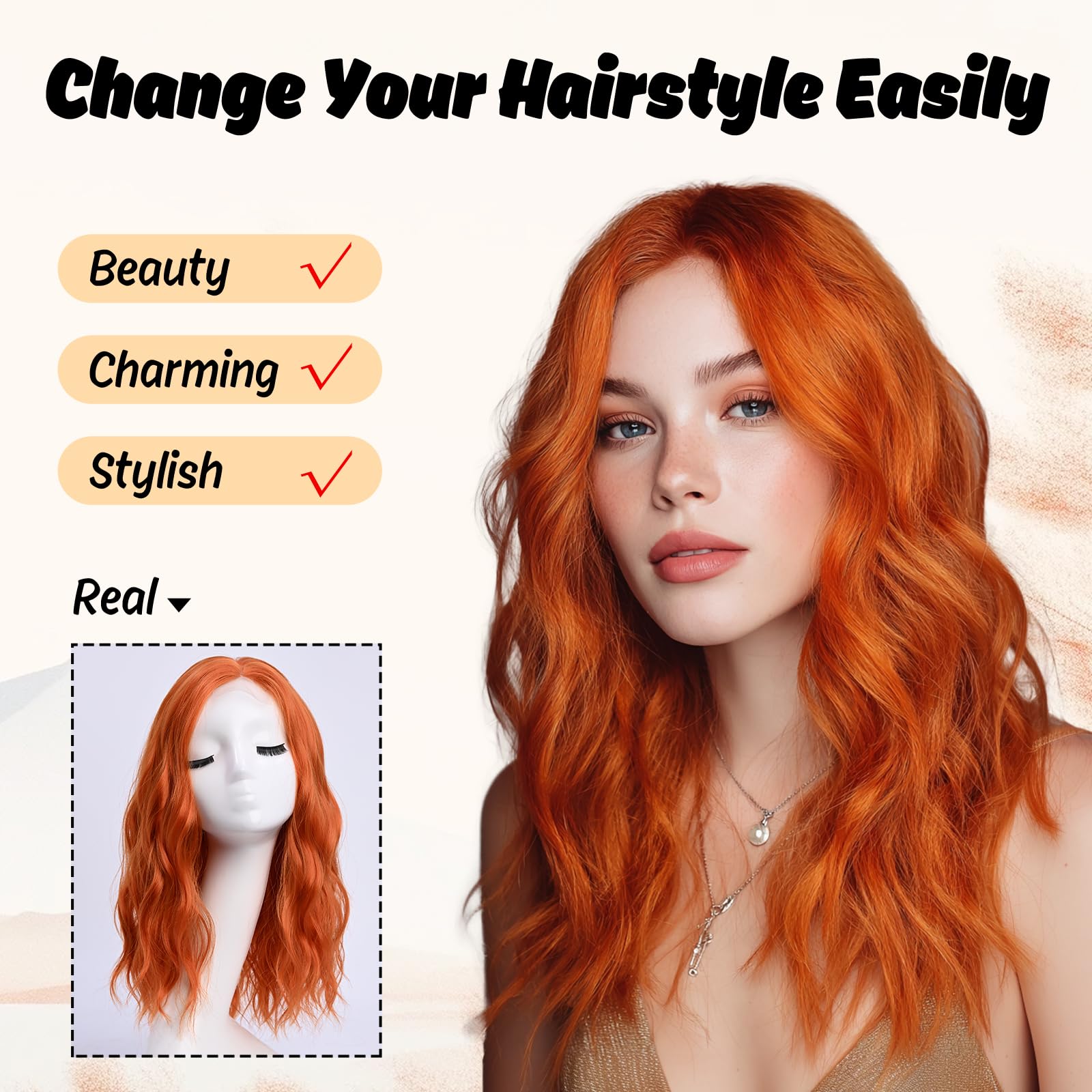 YaissmyLu Medium Length Orange Wavy Wigs for Women 18 Inch Middle Part Wavy Orange Wig Natural Looking Synthetic Heat Resistant Fiber Wig for Daily Party Use (18 inch) - Image 4