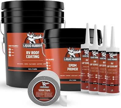 Liquid Rubber RV Roof Coating - Solar Reflective Sealant Bundle - 5G Sealer, 1G EPDM Primer, 4inx50ft Seam Tape, 4 Tube of Caulk