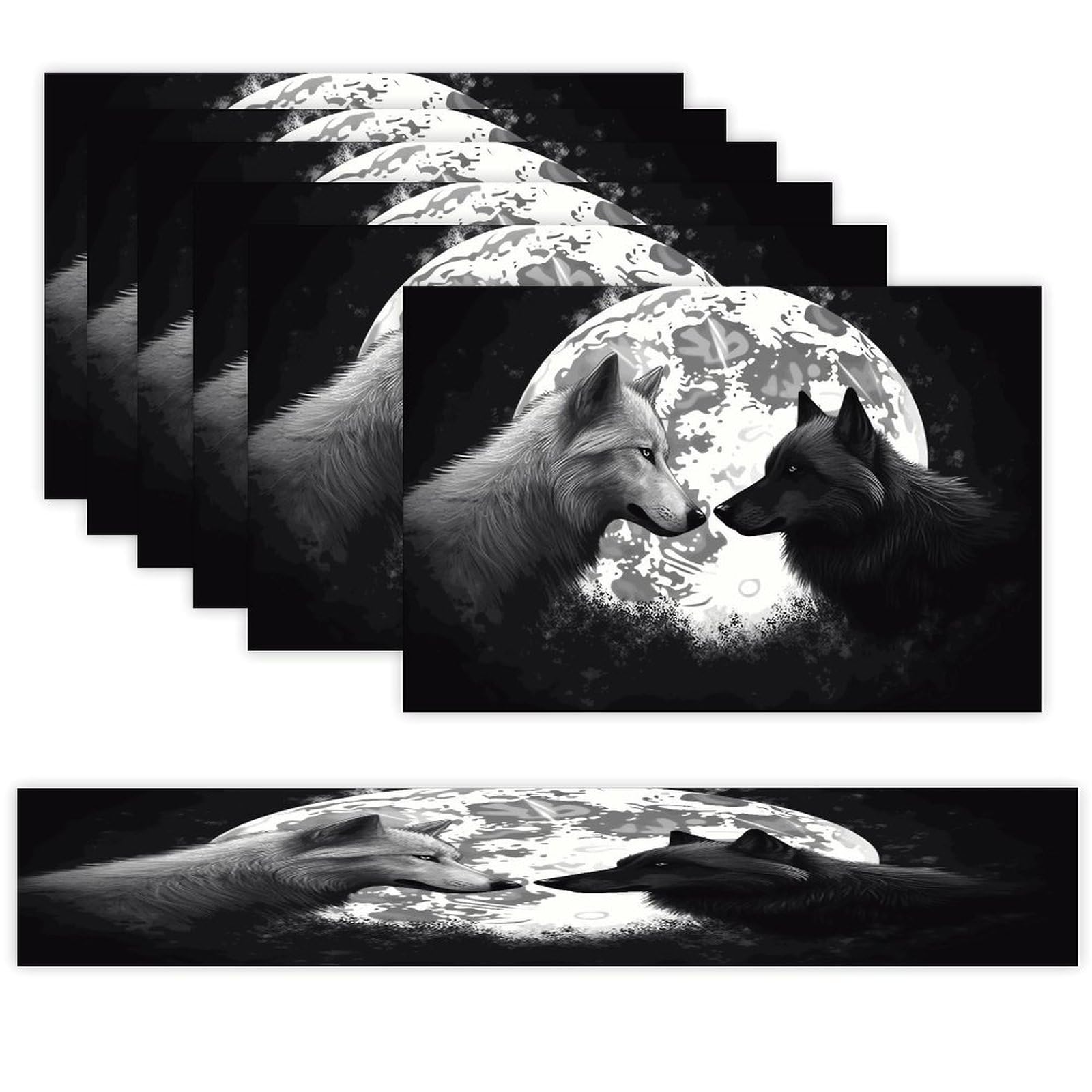 Wolves Love Under The Moon Wild Animal Table Runner and Placemats Set of 6 Wipe Clean Heat Resistant Table Mat with Table Runner Decorations Flax Linen Place Mat Set for Home Kitchen Party Supplies