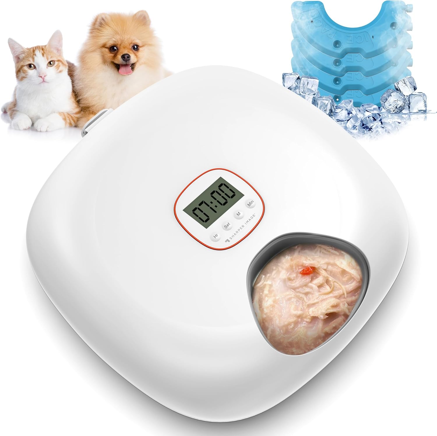 Automatic Cat Feeder Wireless, Sharper Image Auto Cat Food Dispenser for Wet Food with 4 Ice Packs, Rechargeable Auto Feeder for Cats with Programmable Timer Low Battery Indicator, White