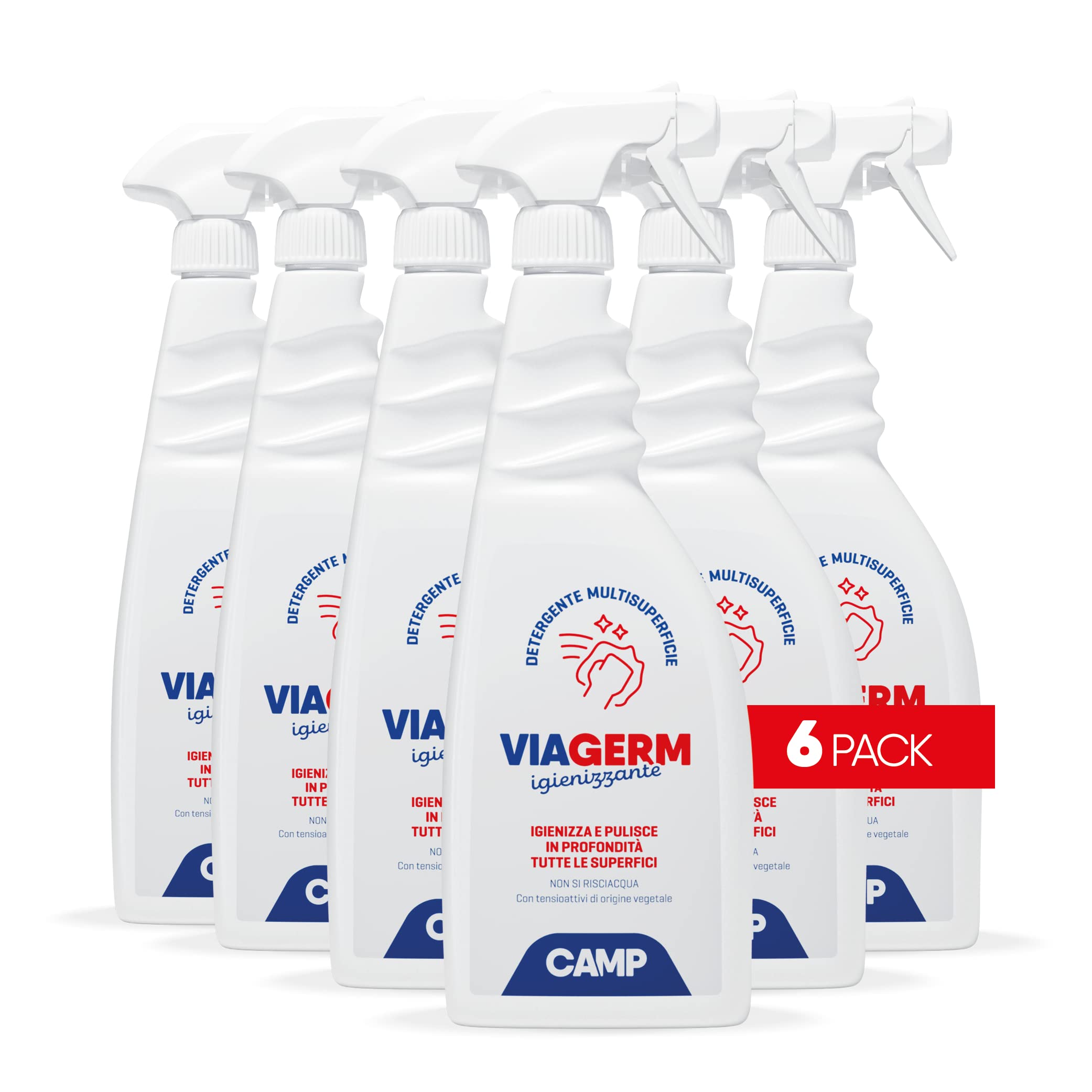 CAMP Viagerm Detergente Multisuperficie- Spray Igienizzante Superfici con Alcool, Ideale Come Detergente Bagno, Cucina e Ambienti Domestici, Igienizza e Pulisce A Fondo, Prodotti Pulizia Casa, 6x750ml