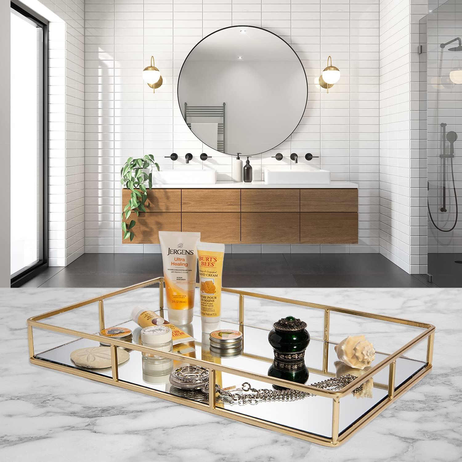 Houseables Mirrored Tray, Decorative Countertop Organizer, Gold, 16" x 9", Ornate Vanity Décor, Bathroom Accessories, Perfume Plate, Jewelry Box, Makeup Holder, Coffee Table Catchall, Brass: Home & Kitchen