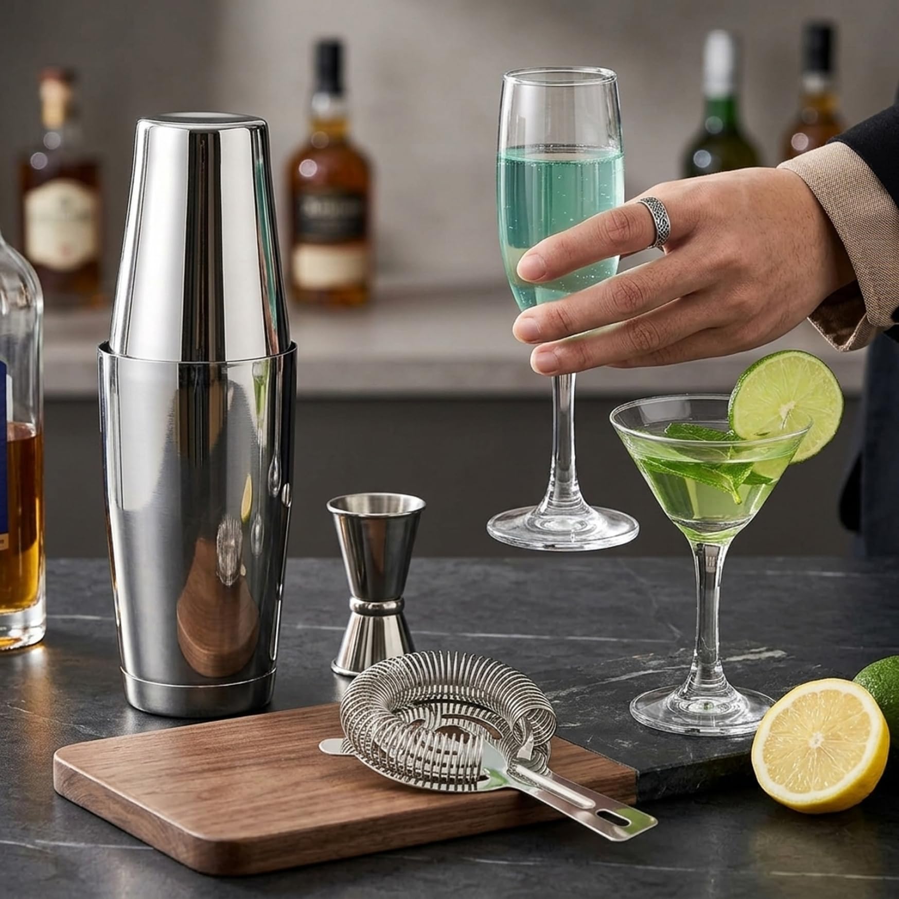 Ensemble de shaker de bar 10 pièces, ensemble shaker à cocktail en acier inoxydable 750 ml avec support en bois professionnel pour les bars à domicile barman Martini