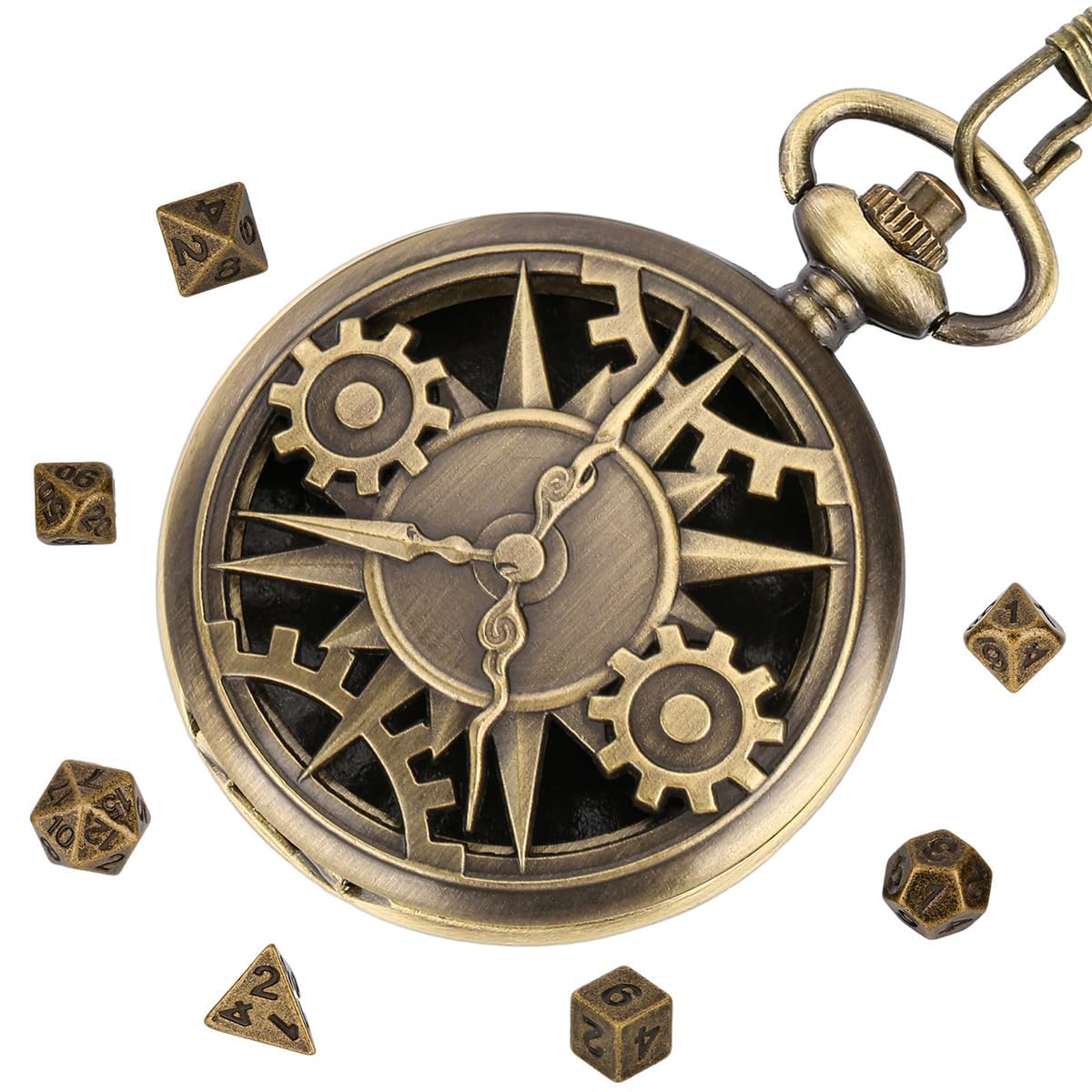 Namvo Mini Dnd Dice Set With Bronze Steampunk Gear Pocket Watch Shell Case 7PCS Polyhedral Metal Dice Set