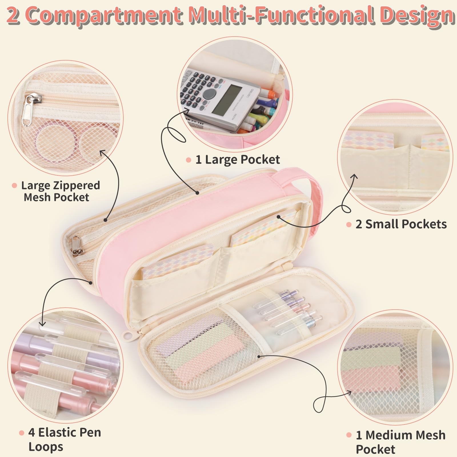 Bunnychic Pencil Case for Girls,Flower Quilted Large Capacity Pencil Pouch with 2 Compartment, Zipper Pencil Bag with Handle - Image 4