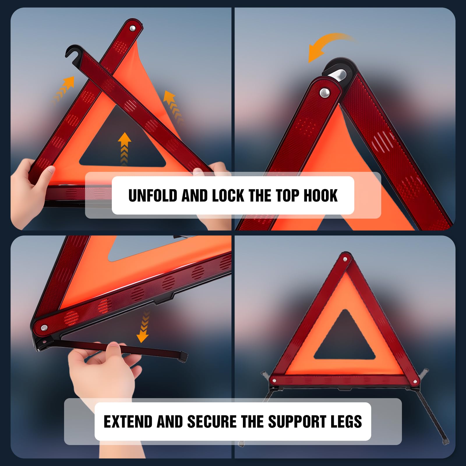 XOOL Lot de 3 Triangles de Signalisation Voiture, Triangle de Présignalisation Pliables avec Boîte de Rangement, Haute Visibilité Réfléchissante, Base Stable Antidérapante, Kit Sécurité Routière