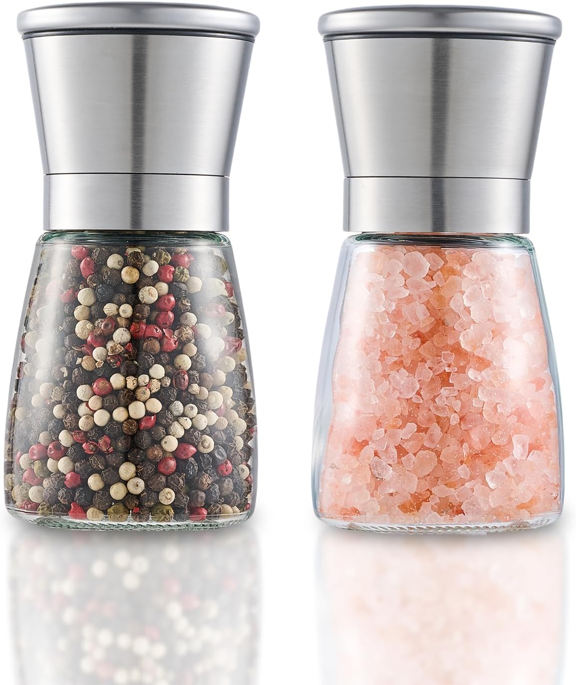 Salt and Pepper Grinder 2pcs Black Pepper Mill Refillable Manual Stainless Steel Lid Adjustable Coarseness Glass Material Fits in Home Kitchen Barbecue