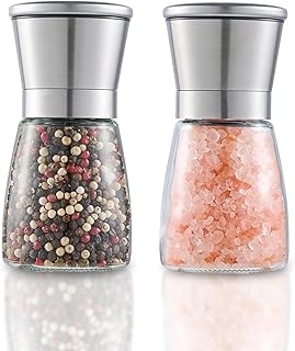 Salt and Pepper Grinder 2pcs Black Pepper Mill Refillable Manual Stainless Steel Lid Adjustable Coarseness Glass Material Fits in Home Kitchen Barbecue
