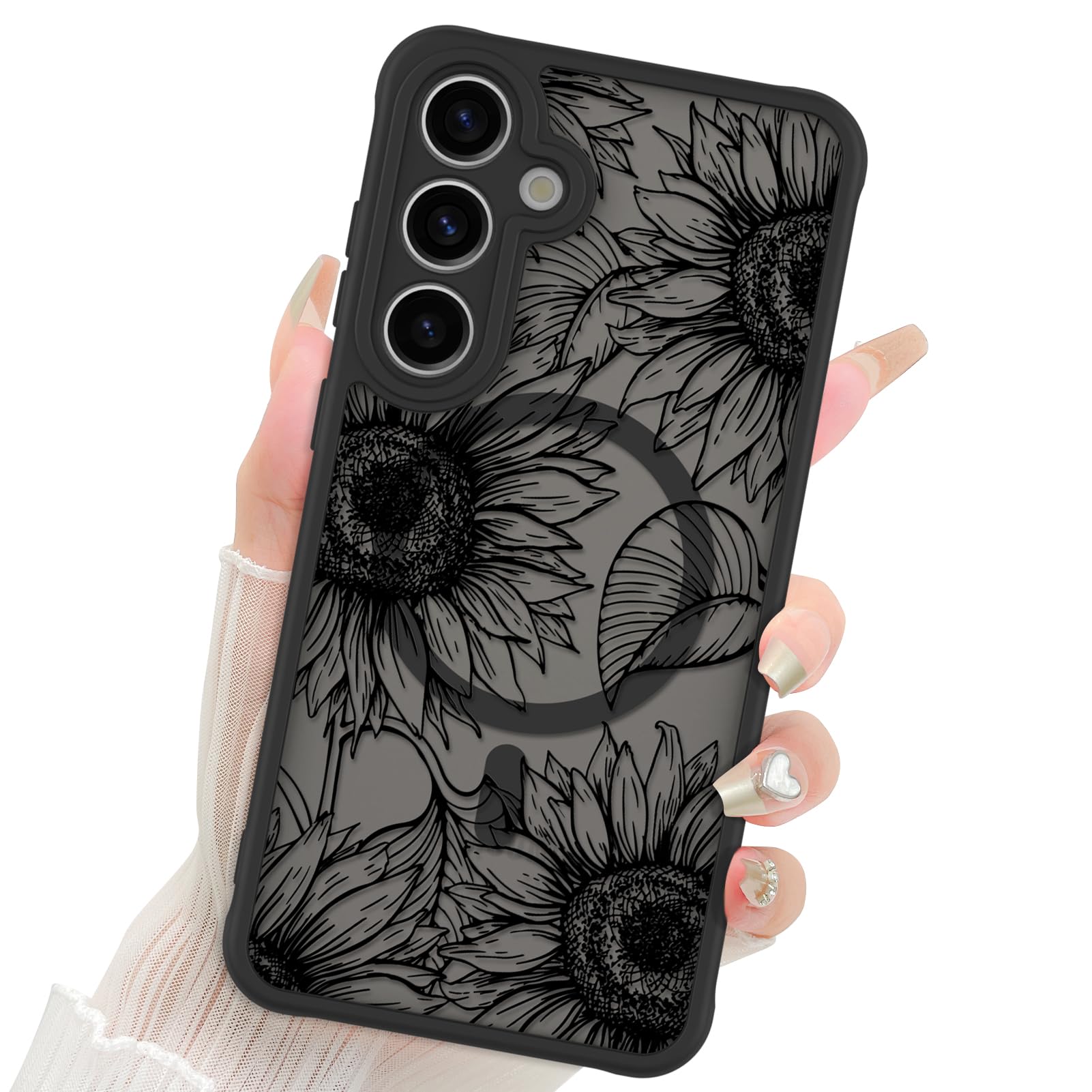 Fiyart Designed for Samsung Galaxy S24 Plus Case Matte Flowers Design Compatible with MagSafe,Cute Sunflowers Anti-Scratch Translucent Phone Cover for