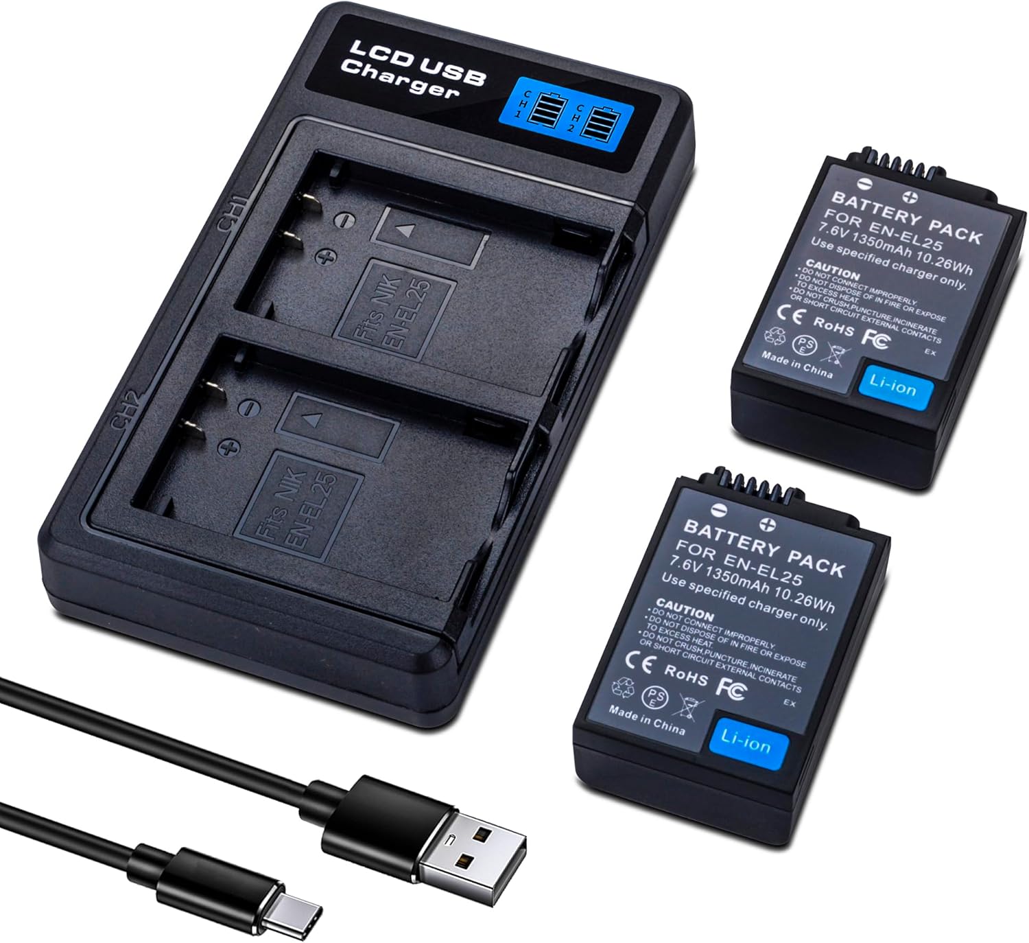2-Pack EN-EL25 EN-EL25A Battery with USB Dual Battery Charger Compatible with Nikon Z30 Z50 ZFC Cameras 4241 ENEL25 EN-EL25A Battery, MH-32 Charger