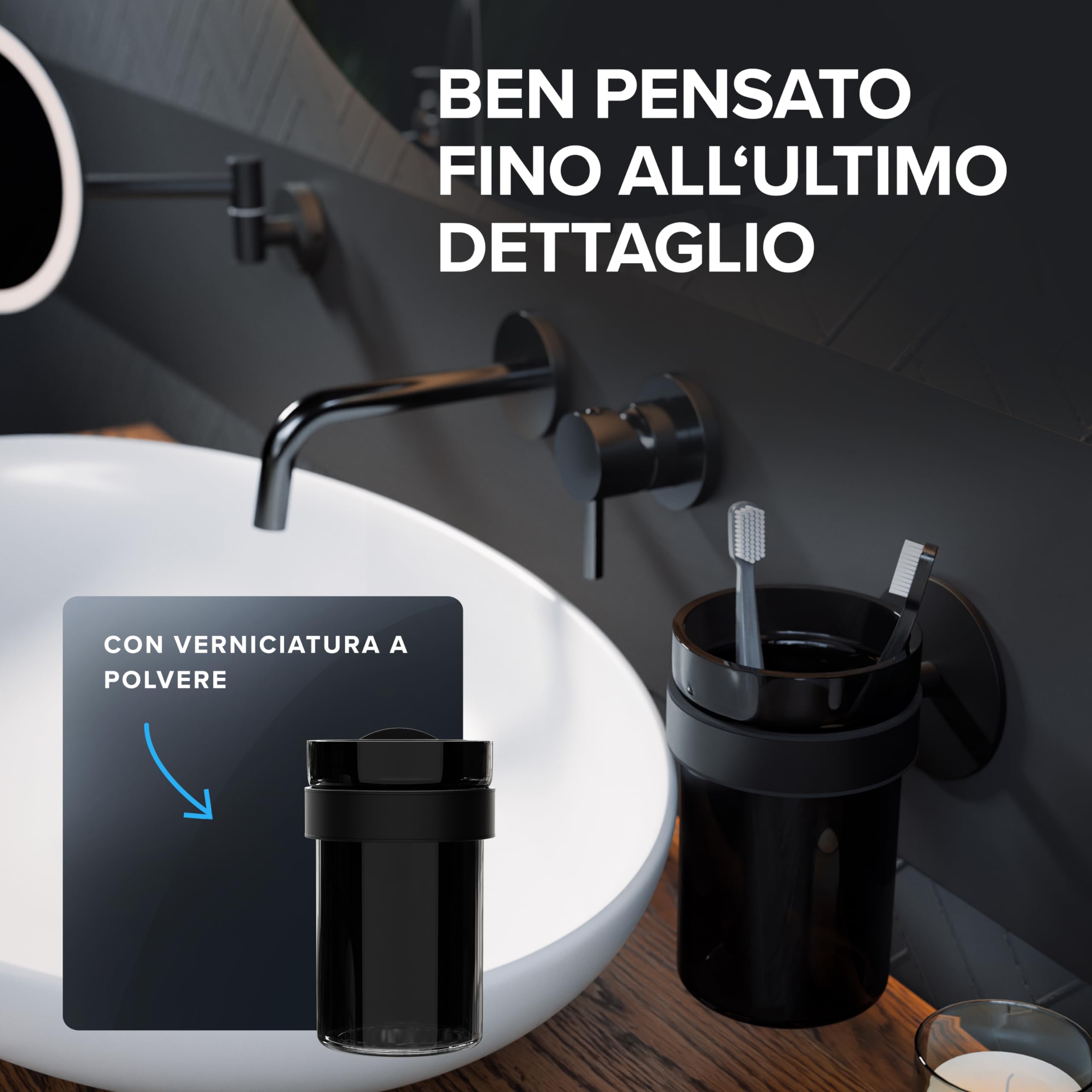 ovimar Engeloya Bicchiere per spazzolini da denti | nero | senza foratura | in vetro e acciaio inox per il bagno | con bicchiere estraibile e porta spazzolino da denti | da attaccare alla parete