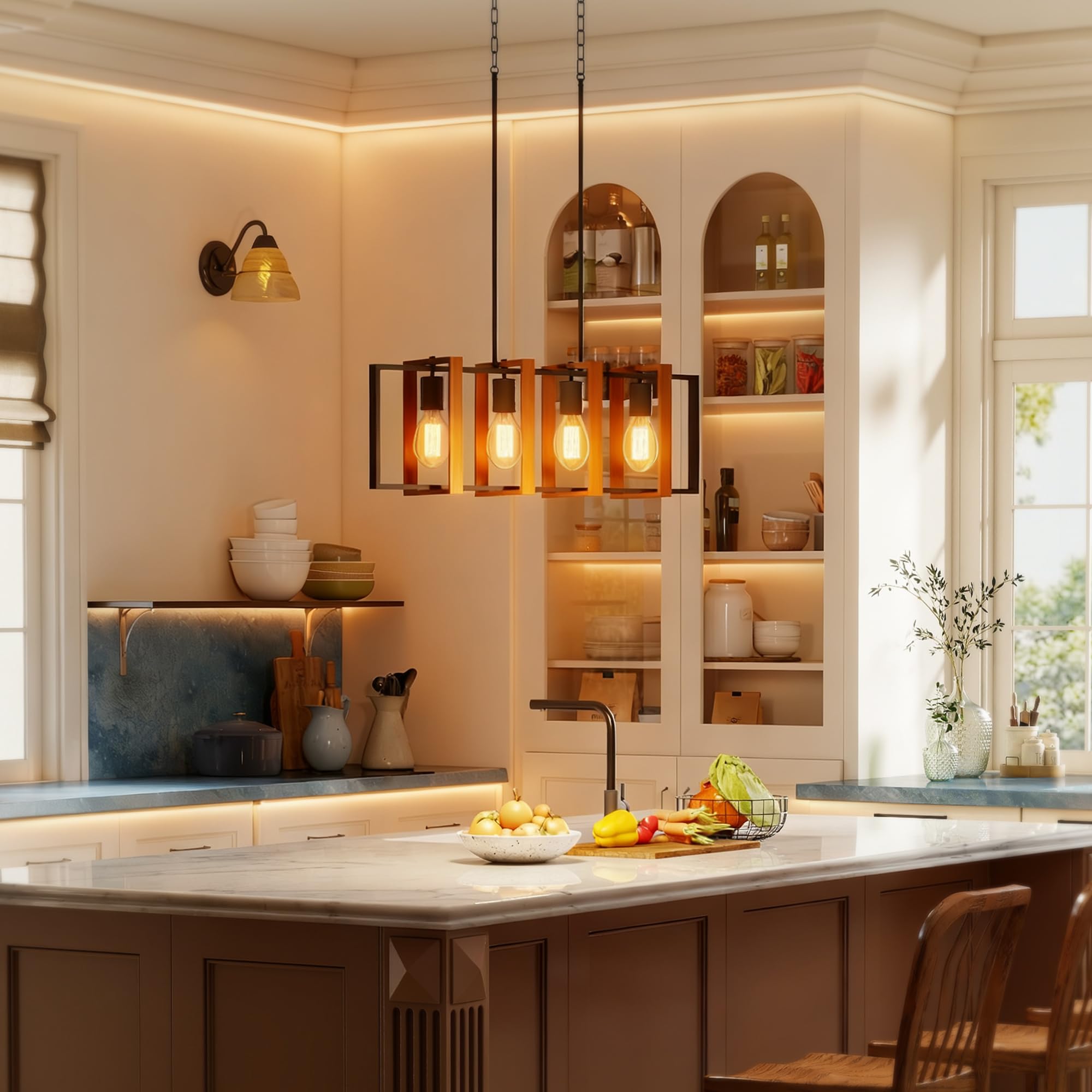 HOMCOM Lampadario a Sospensione 80x21x90-130 cm Nero e Marrone Noce | Altezza Regolabile, Stile Aziendale, Prese E27, Soggiorno Sala Da Pranzo Corridoio, Lampadina Non Inclusa