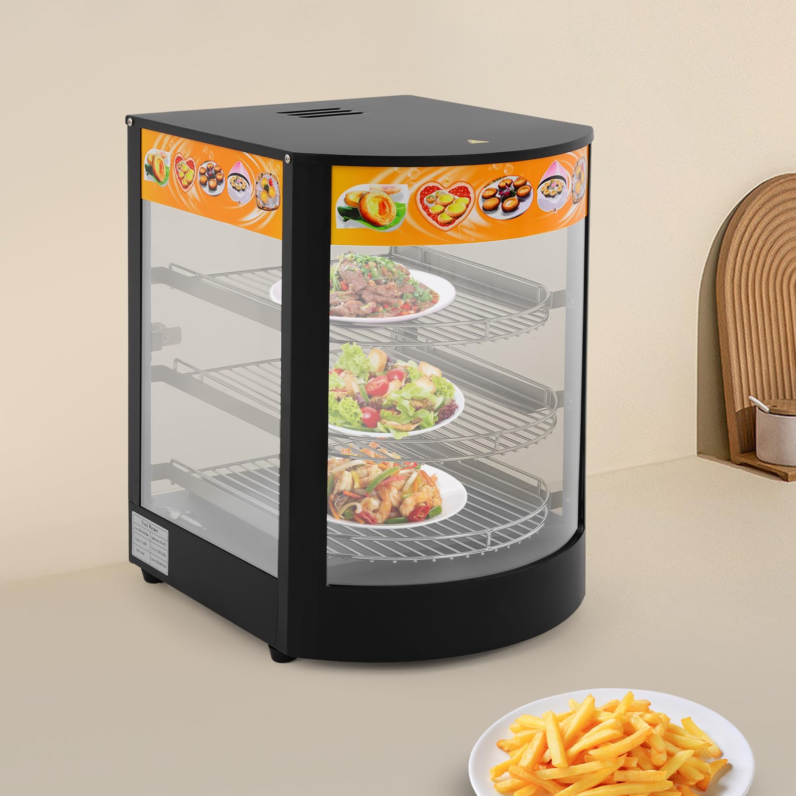 800 W 3 pisos calentador de alimentos eléctrico, 30 – 85 ℃ | Vitrina caliente para cafés, panaderías, tiendas de comestibles, 35 x 42 x 52 cm, color negro