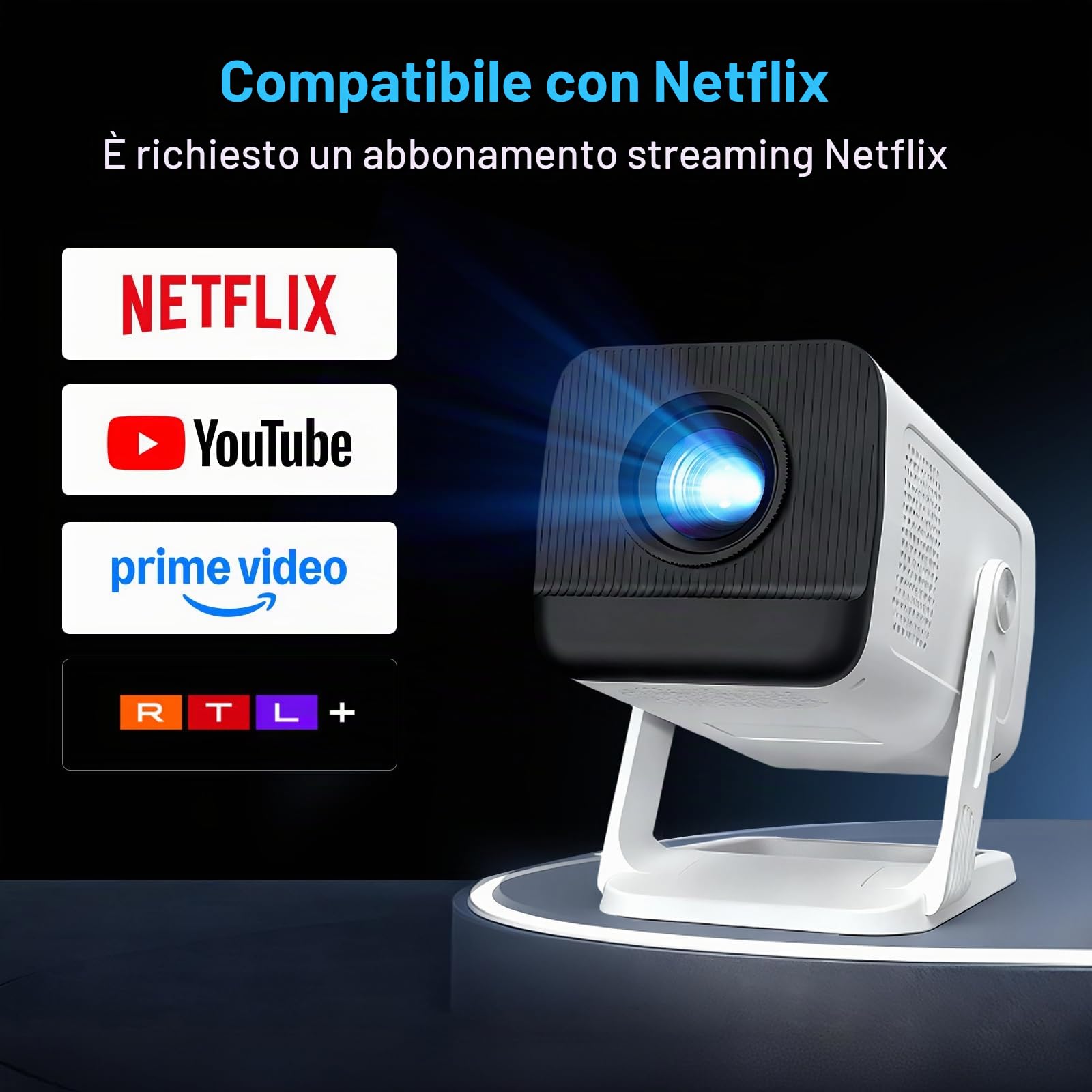 [Compatibile con Netflix & Android 13] Mini Proiettore 1080P con WiFi 6 e Bluetooth 5.4, Correzione Trapezoidale Automatica, Supporto 4K, App Integrate - LYNCAST