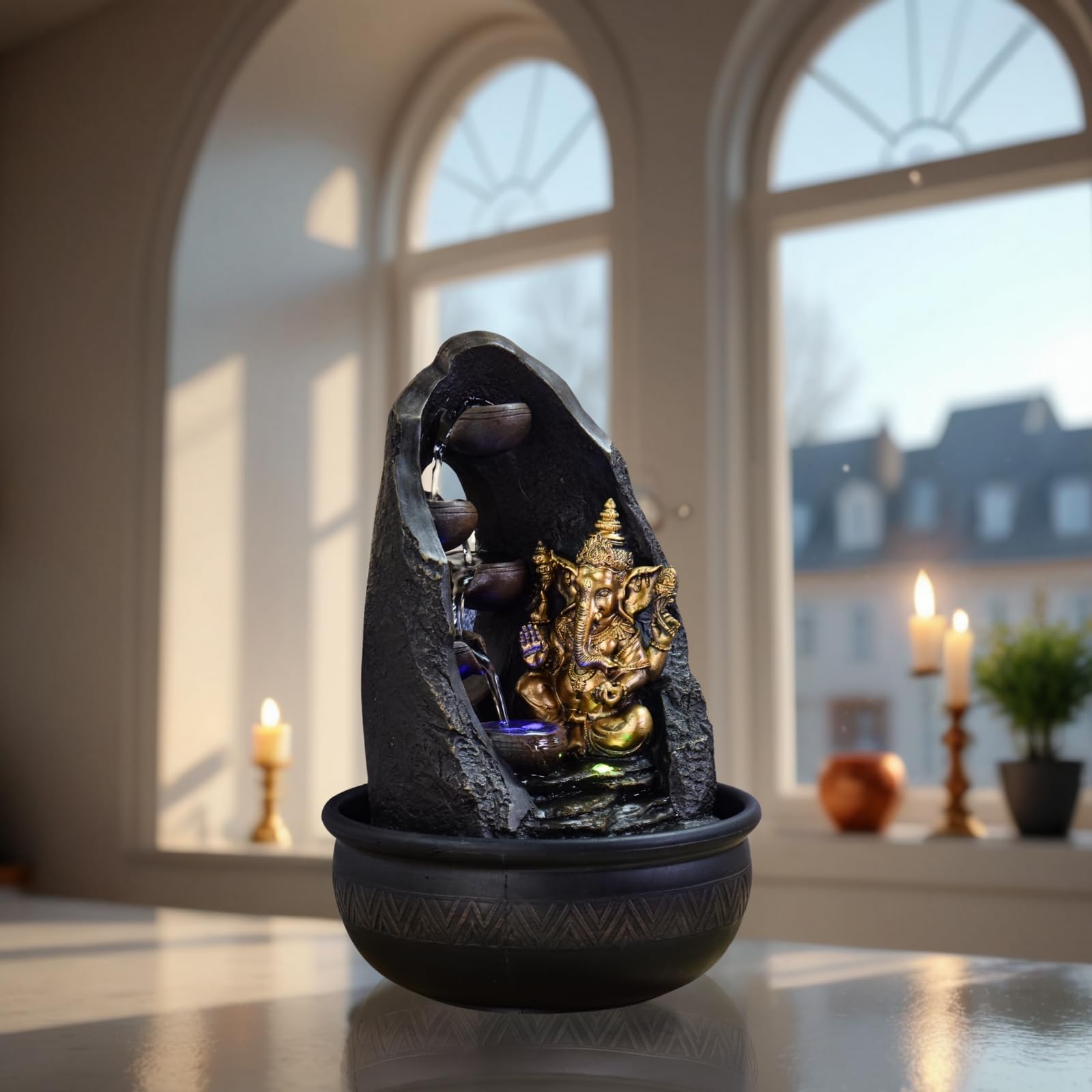Buddha Ganesh Innenbrunnen mit farbenfrohen LED -Licht - Feng Shui Zen Dekoration - Bed -Träger - H 40 cm - Mystic Zen'light