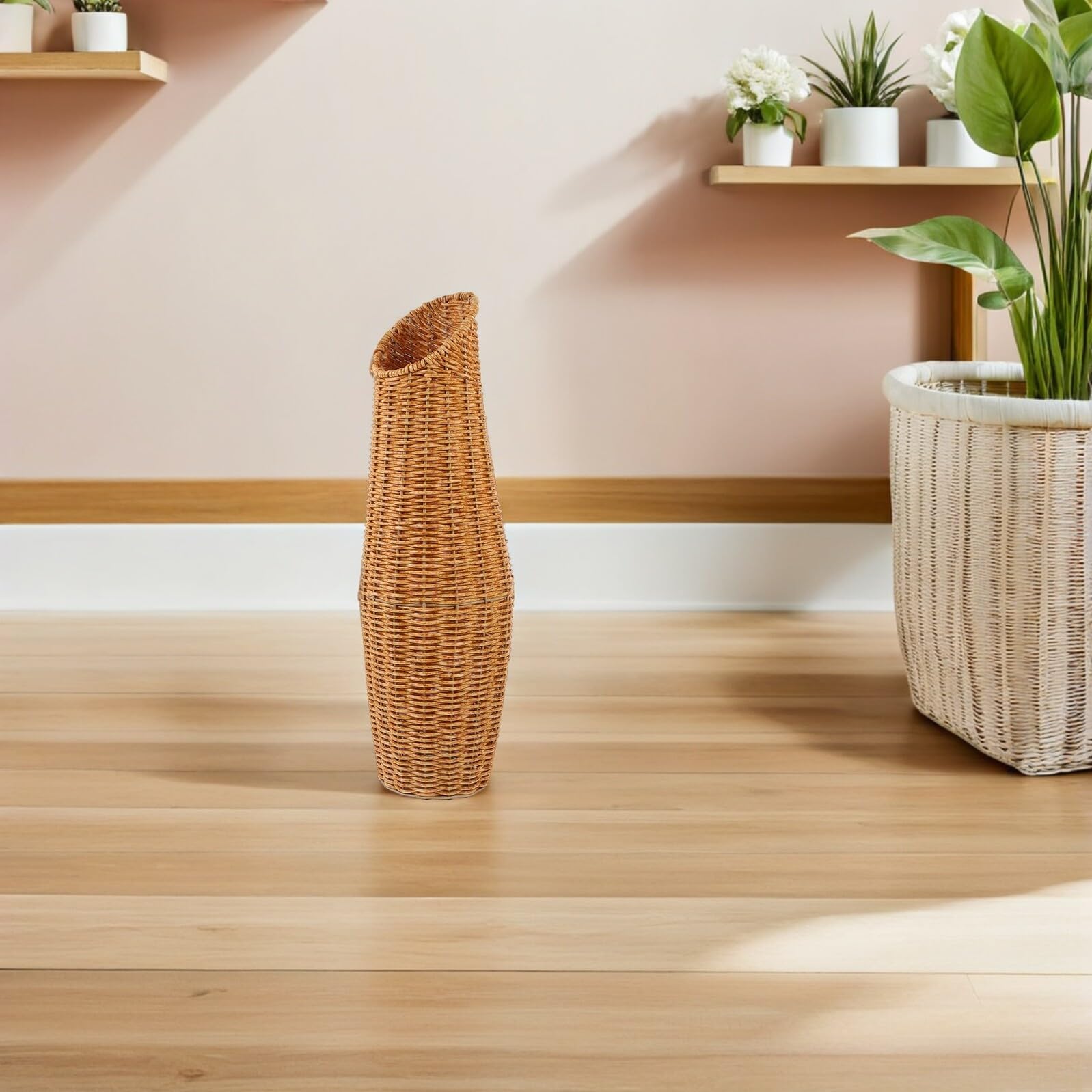Jarrón de Suelo Tejido de Ratán Sintético 2 Unidades, Jarrones Altos Decorativos para Flores Artificiales y Secas, Florero Ligero y Resistente para Interiores, Sala de