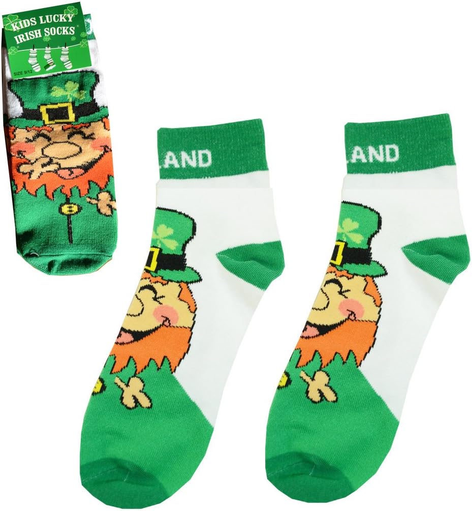 Traditional Craft Limited Laughing Leprechaun Socks with Ireland Text and Green Heels White Colour