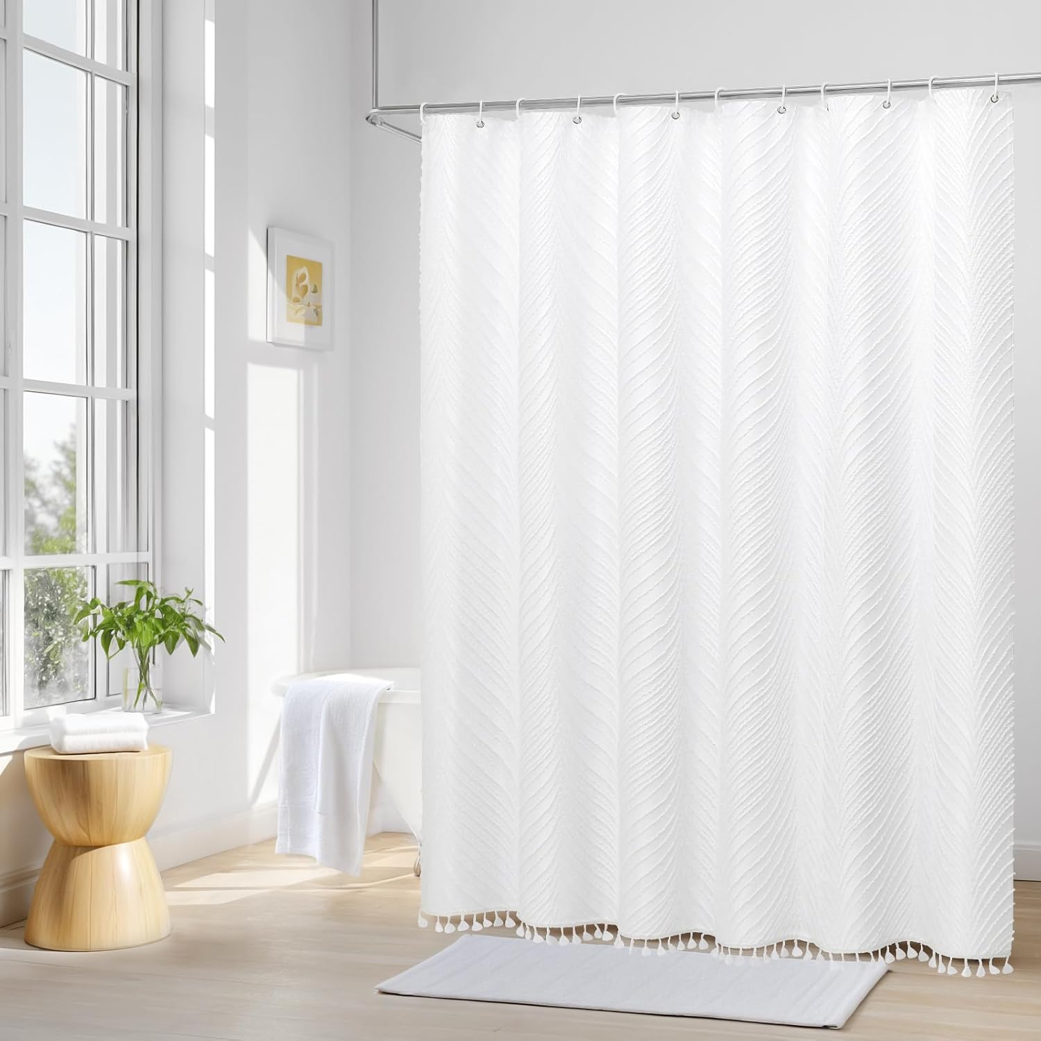 White Extra Long Shower Curtain, Modern Minimalist Shower Curtain for Bathroom, Boho Tufted Striped Leaf Textured with 12 Hooks, Machine Washable, 72 x 84 inch