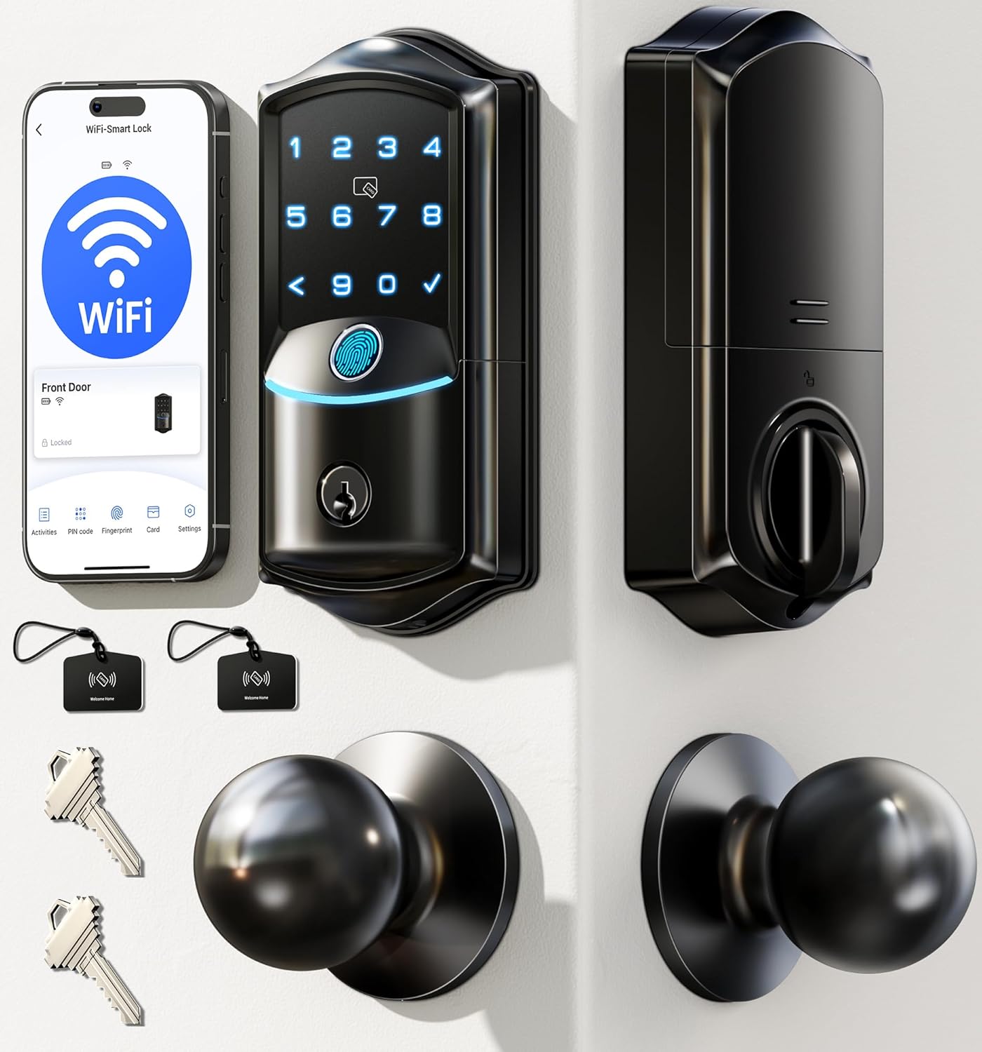 Veise VE027-K Built-in WiFi Smart Lock with 2 Knob, Fingerprint Keyless Entry Door Lock Handle Set for Front Door, App Remote Control, Electronic Digital Keypad Deadbolt, IP65 Waterproof, Matte Black