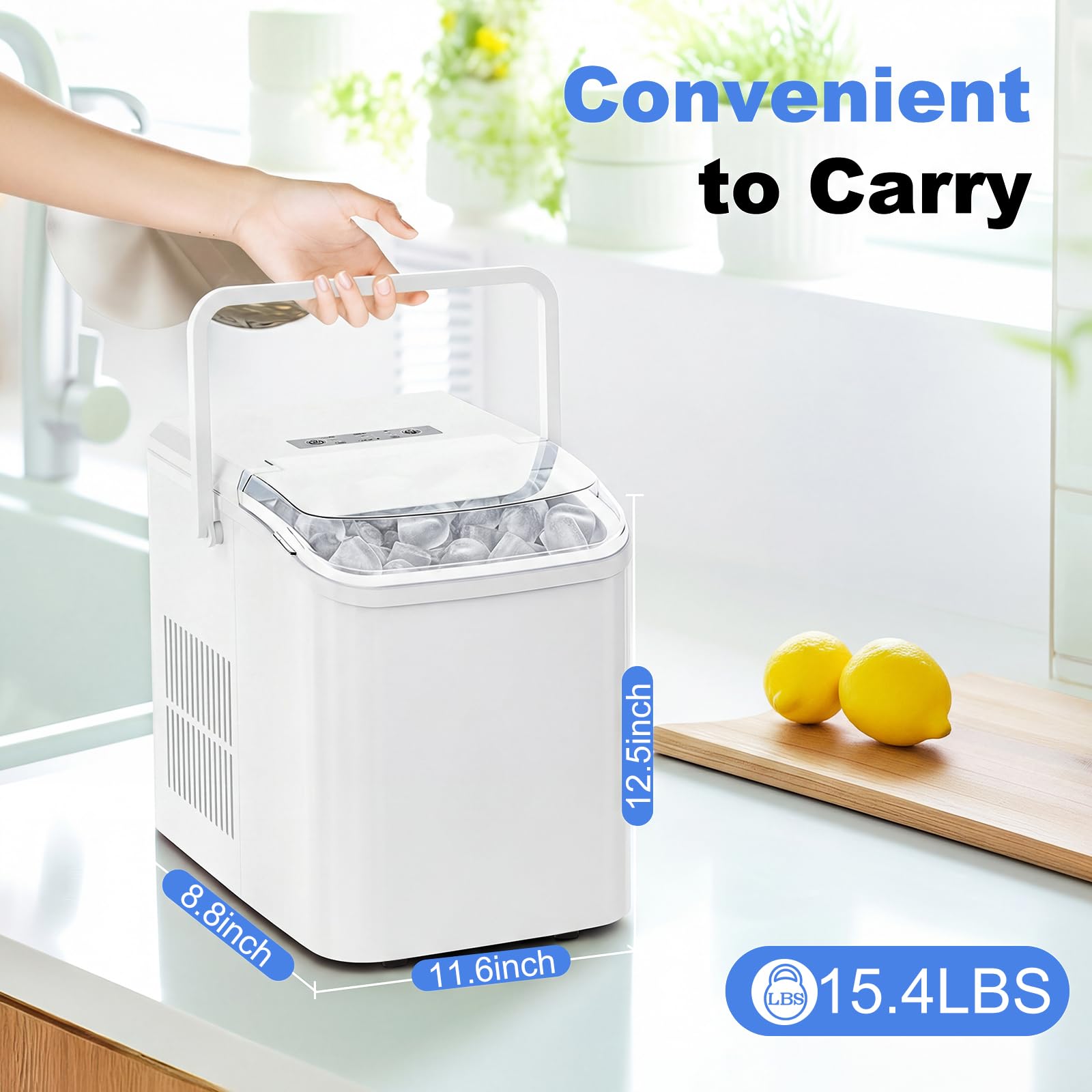 KMFurnila Ice Makers Countertop, Portable Ice Machine with Handle, 6 Mins 9 Bullet Ice Cubes with Basket and Scoop, 26lbs in 24Hrs, Auto-Cleaning, for Home, Kitchen, RV, Camping, White - 2