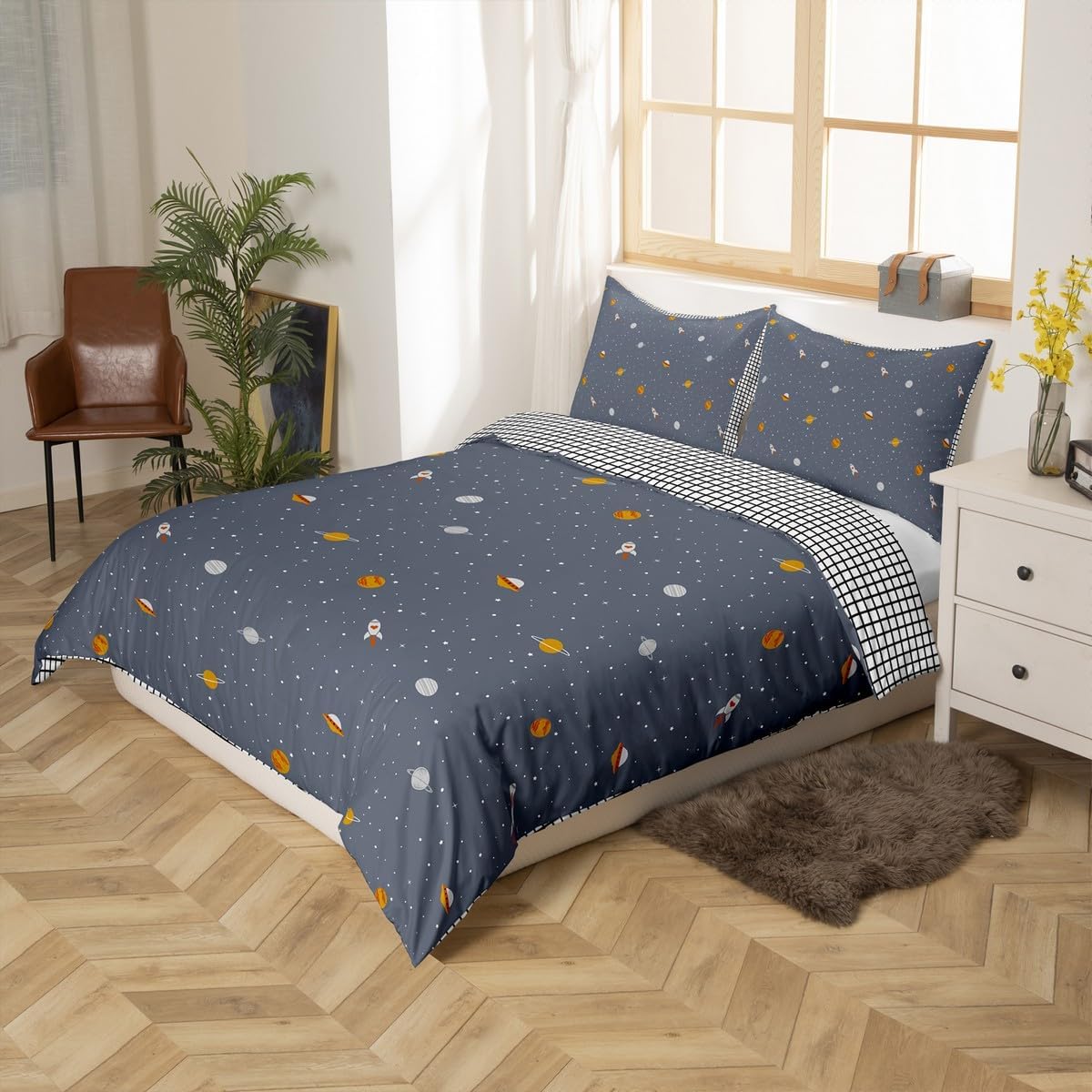 Erosebridal Galaxy Series Bedding Set, Grid Decor Duvet Cover, Twin Size for Boys Teens Kids Bedroom Decor Comforter Cover Set Starry Sky Planet Lattice Pattern Soft Microfiber Reversible Quilt Set