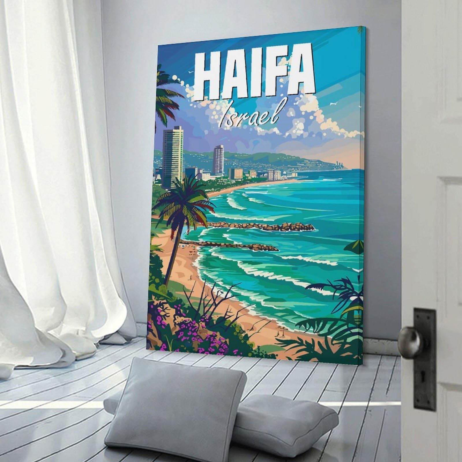 Junmoney Hanging Wall Art Haifa Israel, 24x36inch(60x90cm), for Contemporary Homes, Apartments Or Offices, Stylish Wall Art for Fresh Spaces