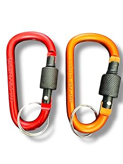 Climbing Carabiner Keychain Set, Red and Orange, Screw Lock Design with Split Ring, 2-Pack
